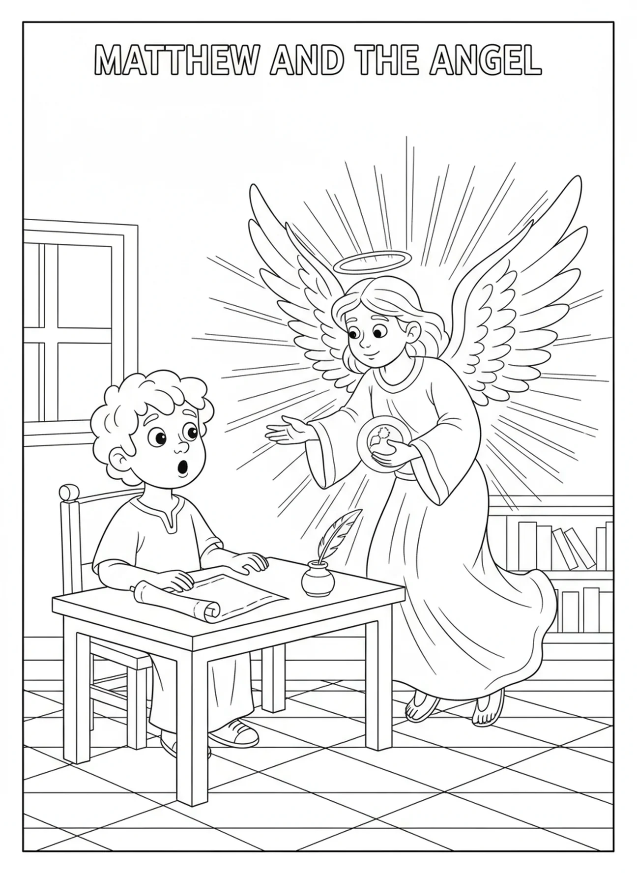 Überraschter Matthäus mit einem Engel, Ausmalbild für Kinder im Alter von 5-10 Jahren.
