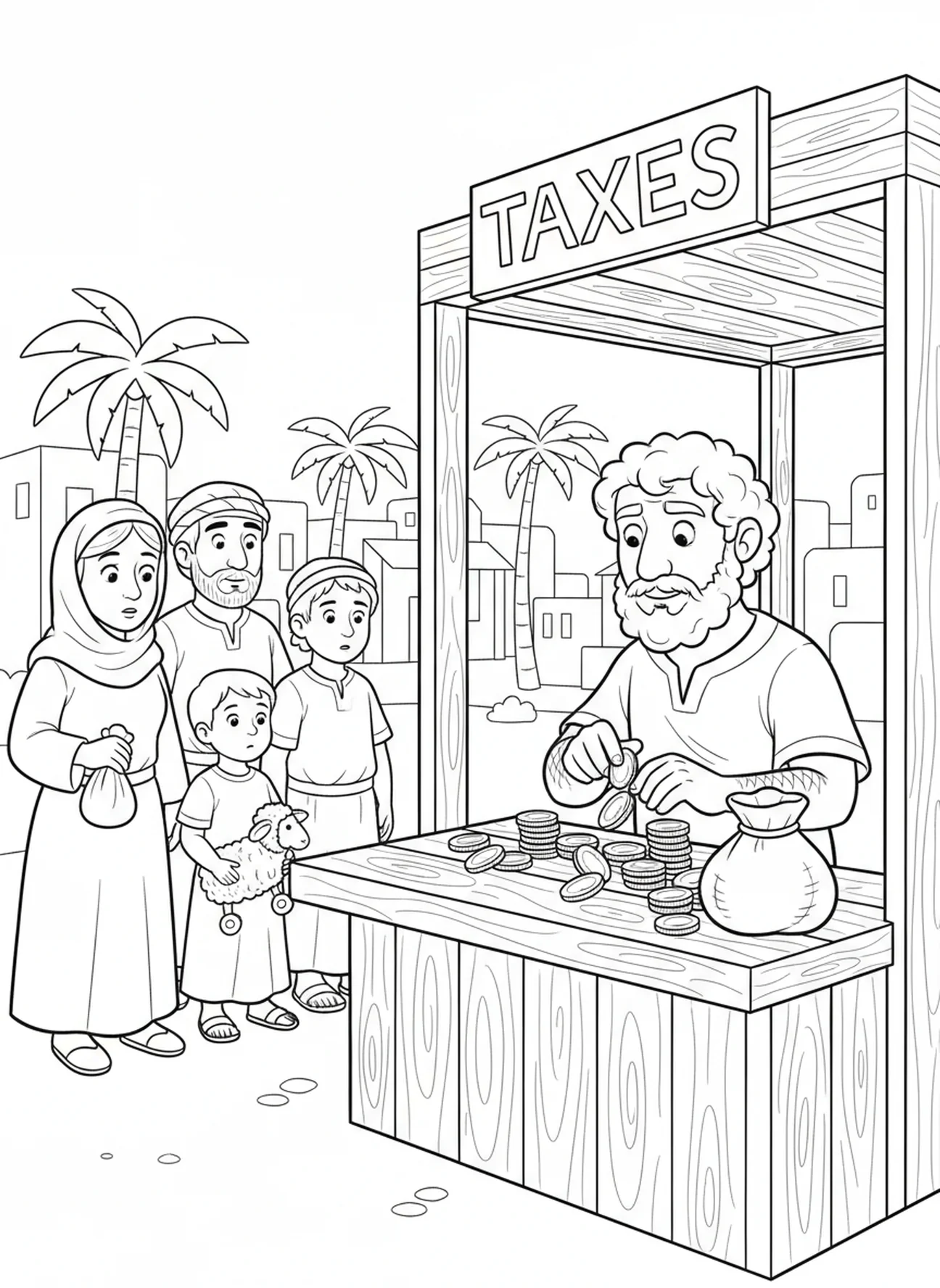 Matthäus an einem Zollhaus, Ausmalbild für Kinder im Alter von 5-10 Jahren über den Evangelisten Matthäus.