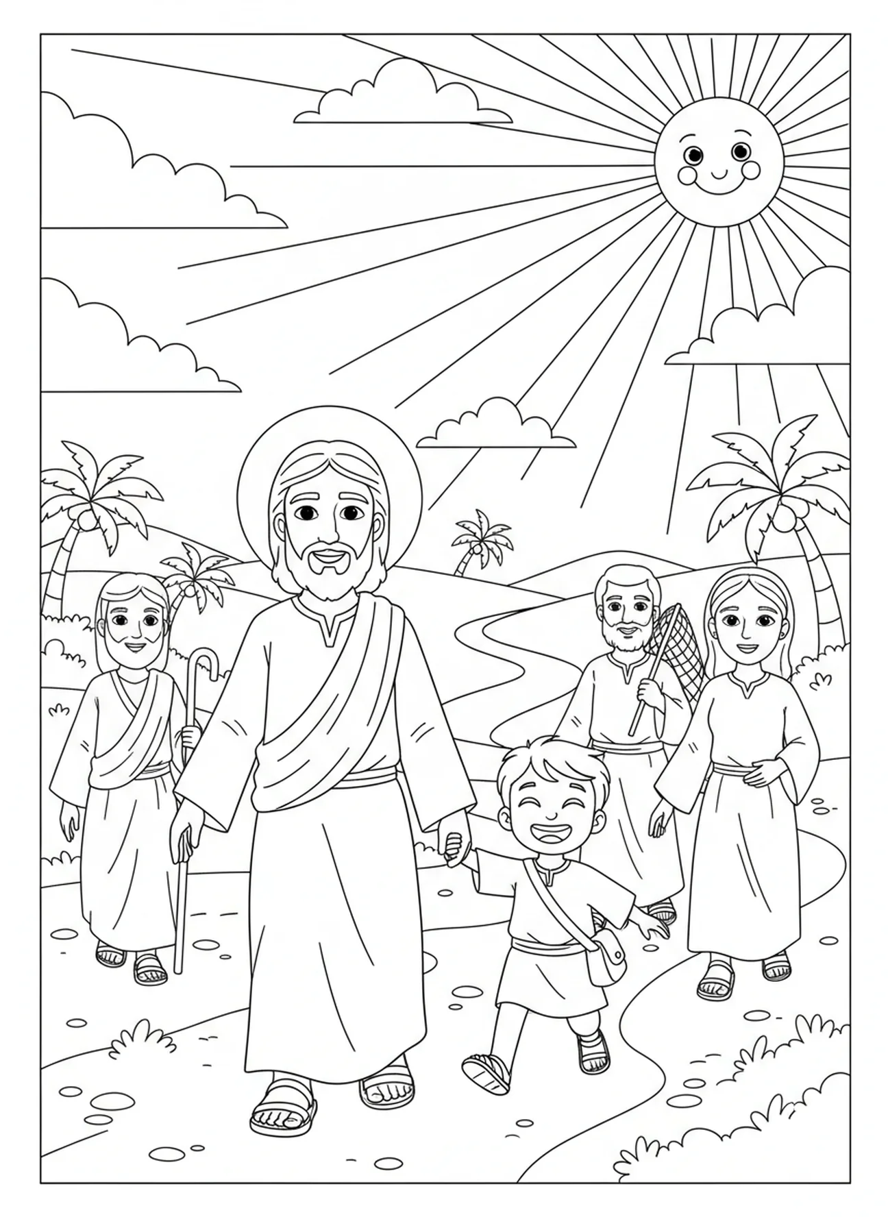 Matthäus folgt Jesus, Ausmalbild für Kinder im Alter von 5-10 Jahren über den Evangelisten Matthäus.