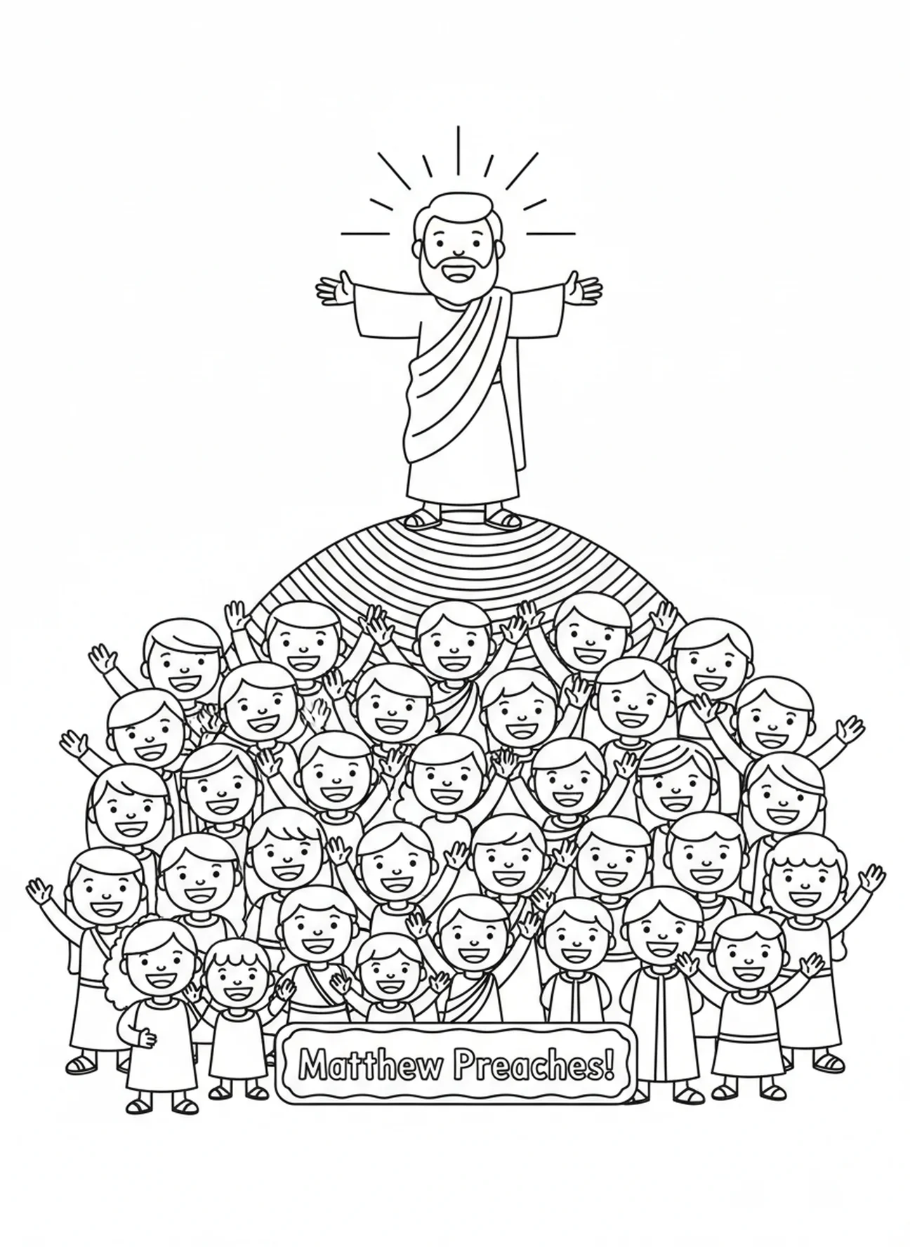 Der Evangelist Matthäus predigt zu einer Menschenmenge, Ausmalbild für Kinder im Alter von 5-10 Jahren.
