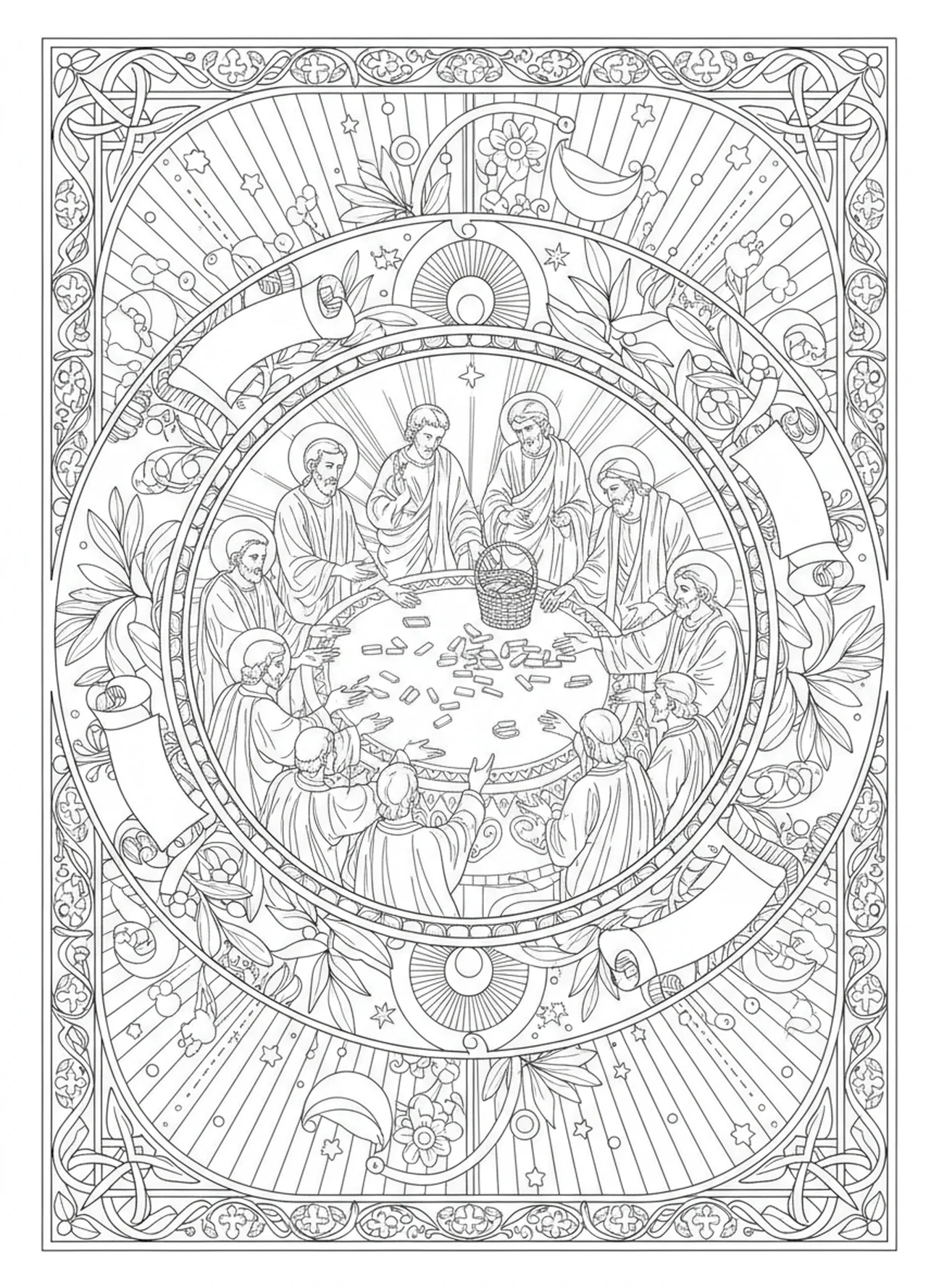 Les apôtres tirent au sort, page à colorier de l'apôtre Matthias dans un style de journal biblique pour adultes