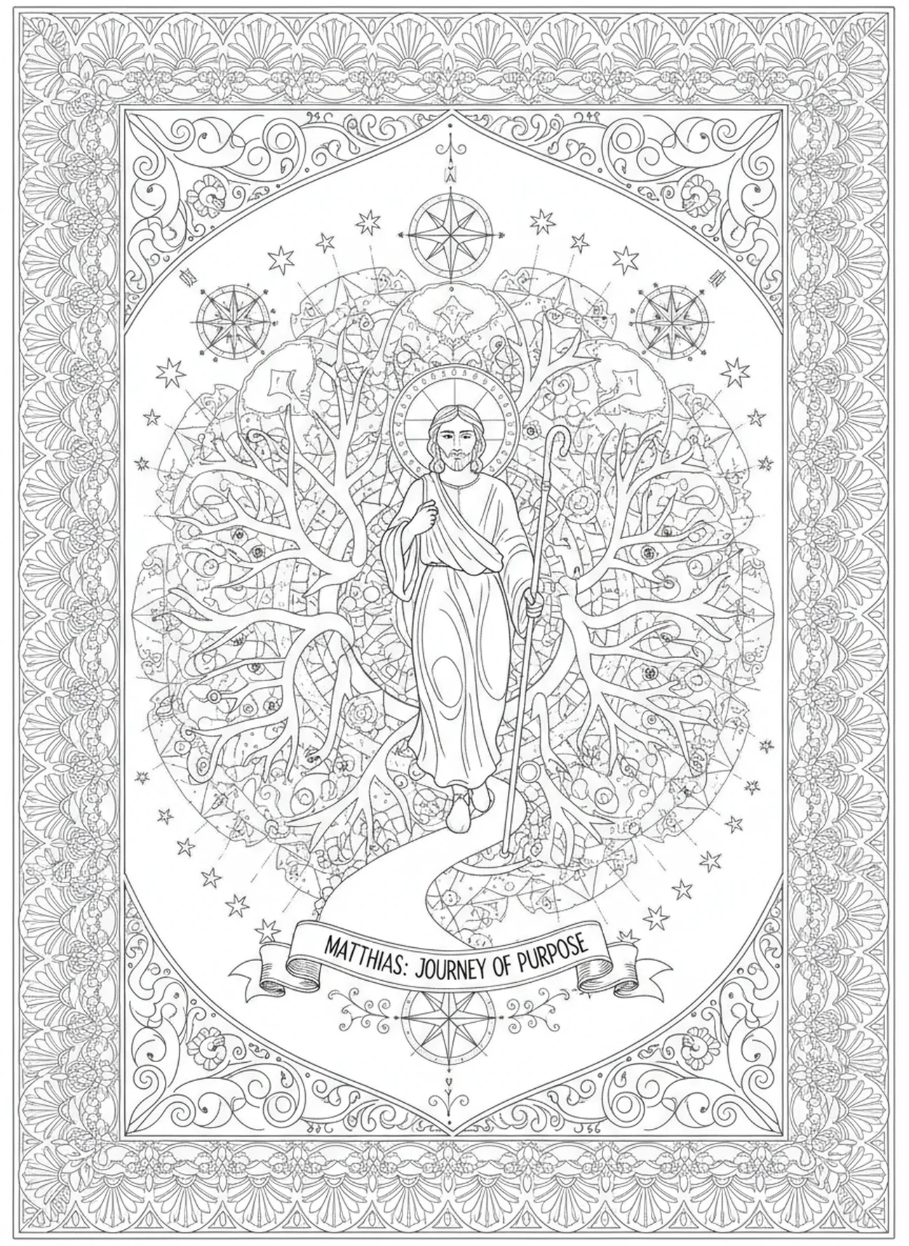 Matthias se lançant dans son voyage, page à colorier de l'apôtre Matthias dans un style de journal biblique pour adultes