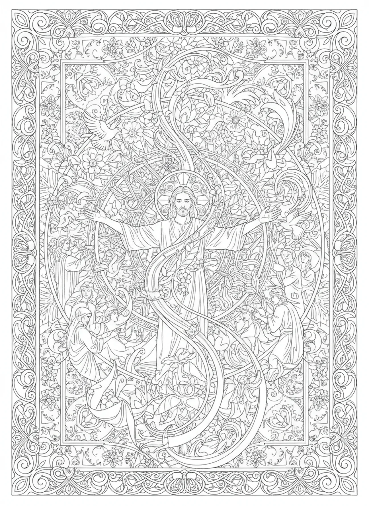 Matthias réalisant des miracles, page à colorier de l'apôtre Matthias dans un style de journal biblique pour adultes