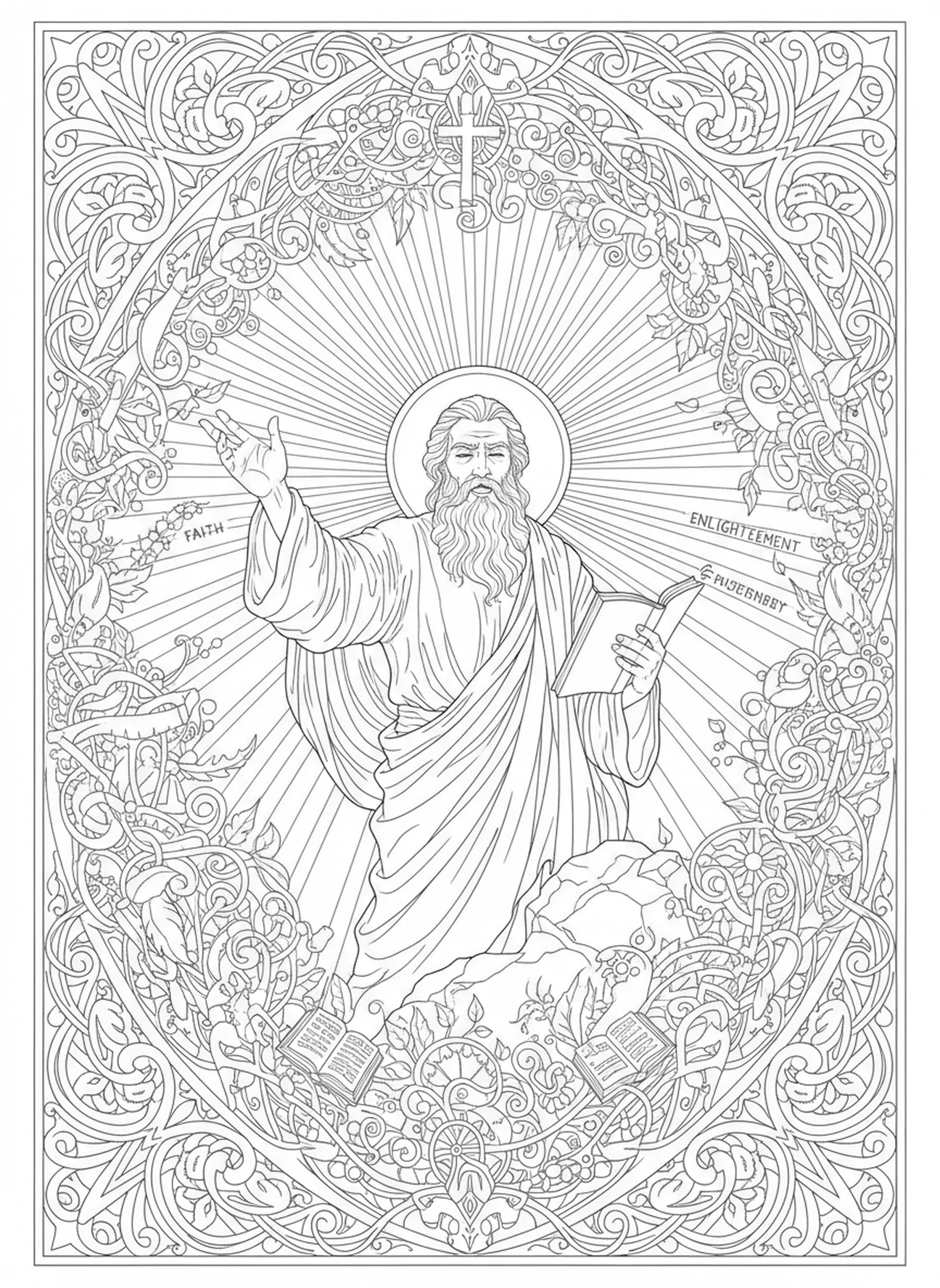 Matthias prêchant à la foule, page à colorier de l'apôtre Matthias dans un style de journal biblique pour adultes