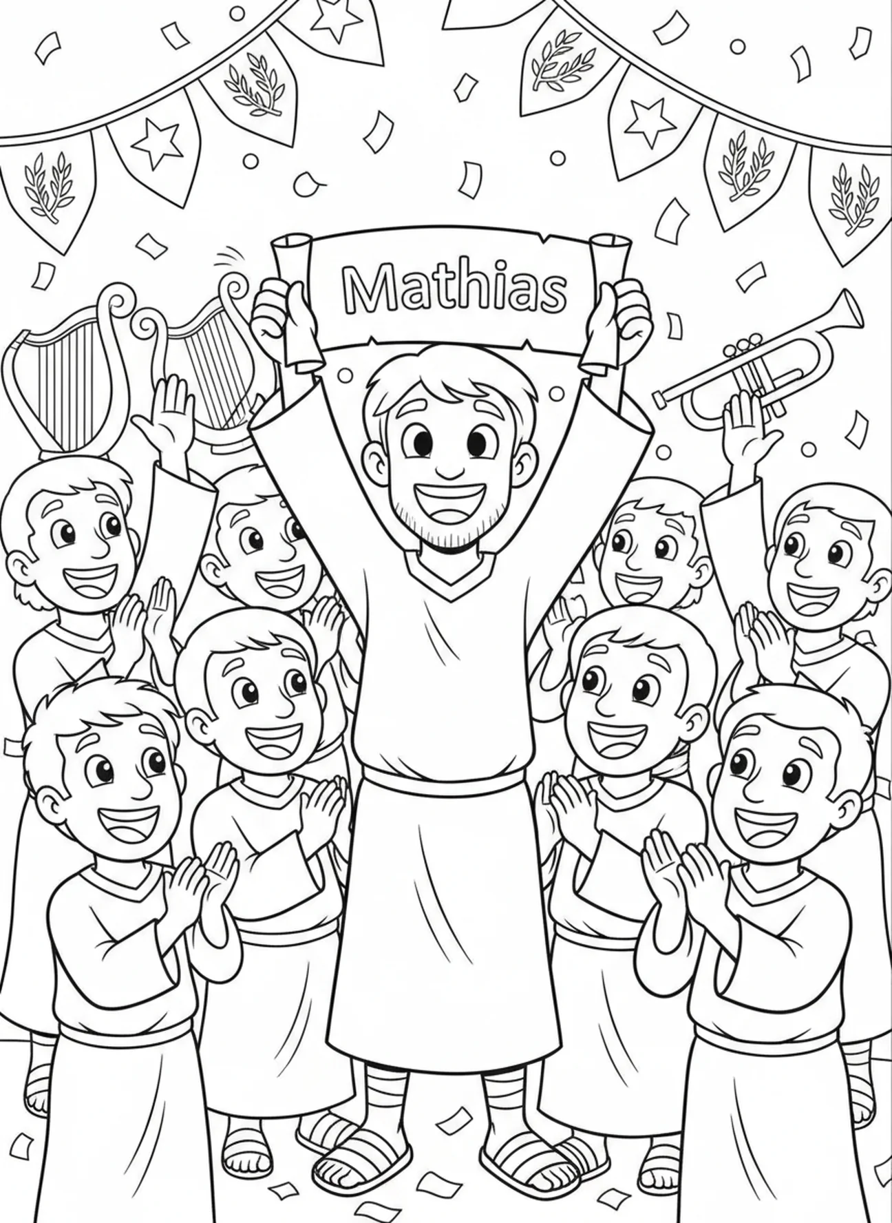 Matthias von den Aposteln akzeptiert, Ausmalbild für Kinder im Alter von 5-10 Jahren.