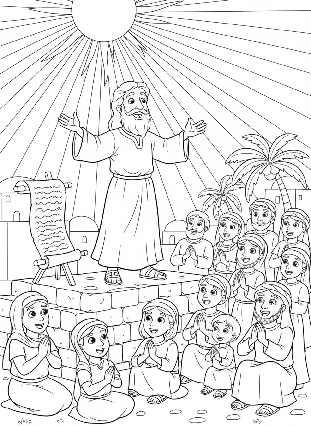 Matthias predigt vor einer Menschenmenge, Ausmalbild des Apostels Matthias für Kinder im Alter von 5-10 Jahren.