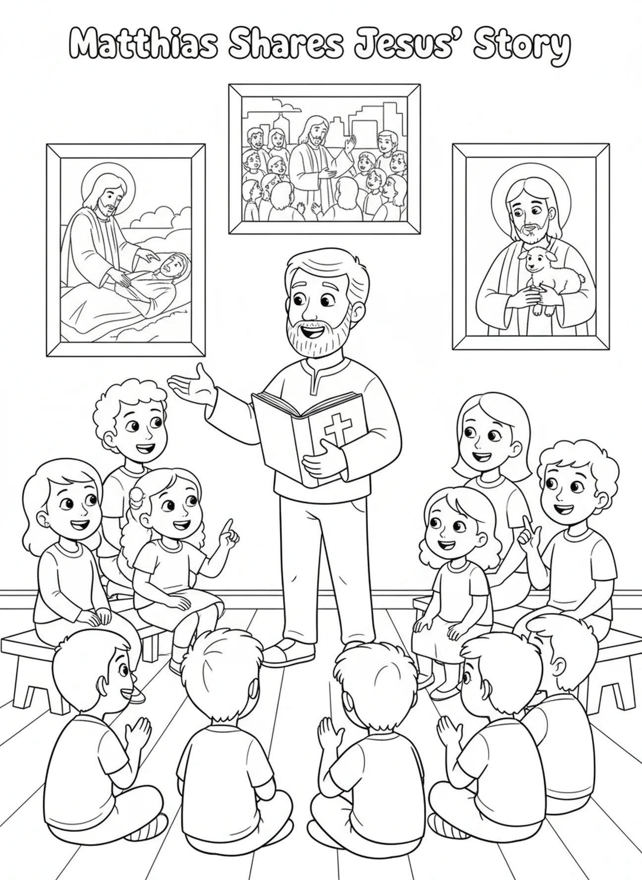 Matthias teilt die Botschaft von Jesus, Ausmalbild für Kinder im Alter von 5-10 Jahren.