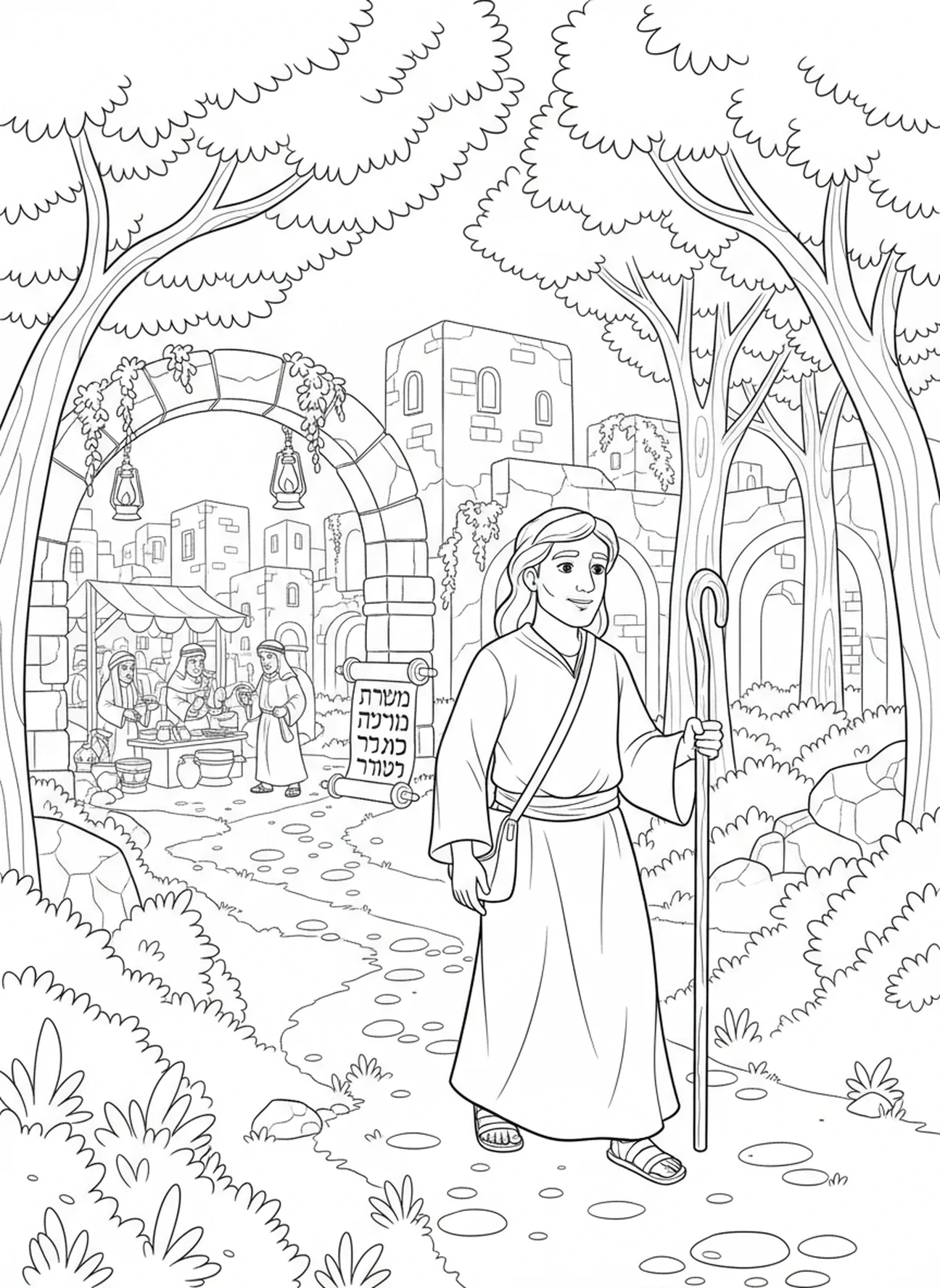 Matthias auf seiner Reise, Ausmalbild für Kinder im Religionsunterricht im Alter von 5-12 Jahren.