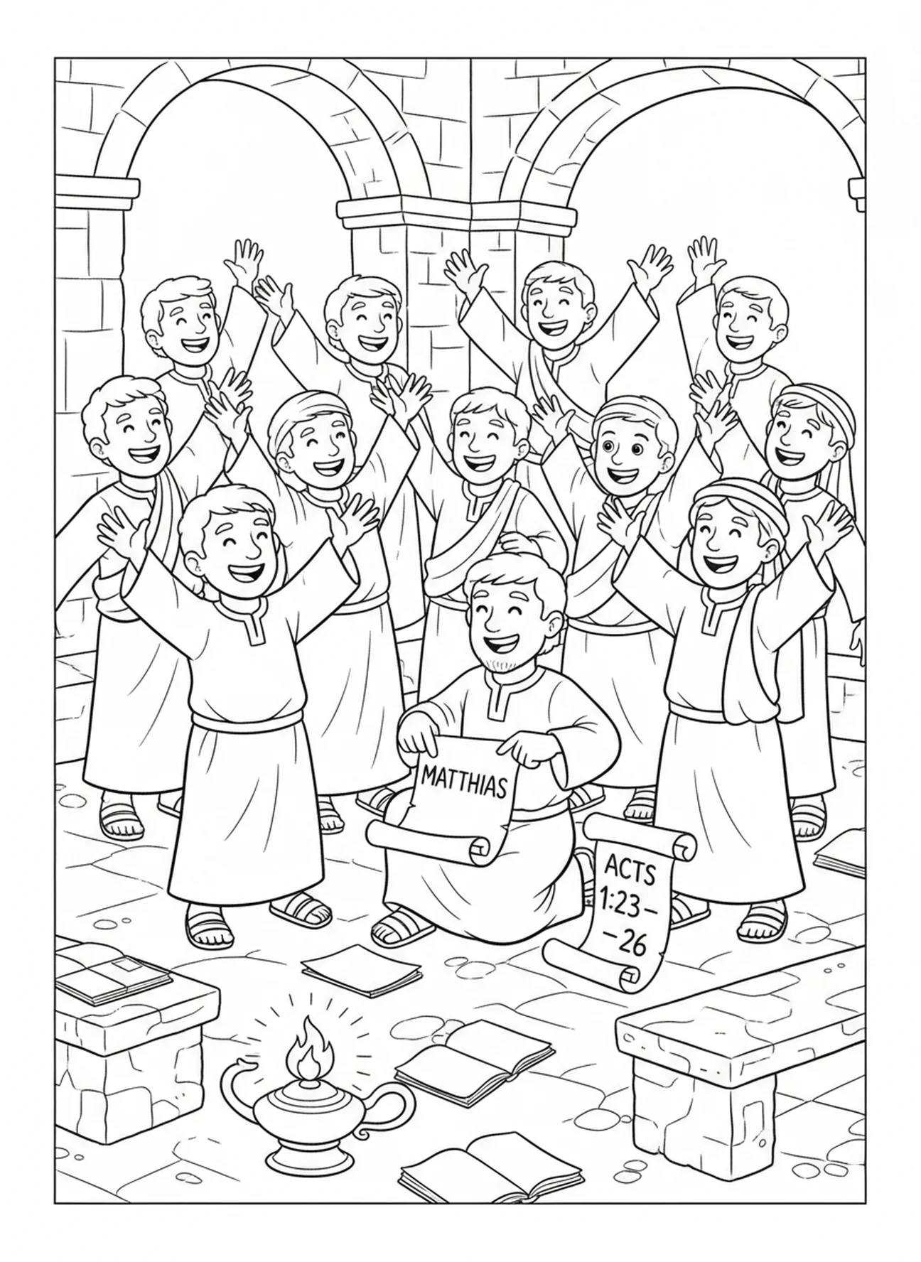Matthias wird ausgewählt, Ausmalbild für Kinder im Alter von 5-12 Jahren in der Sonntagsschule.