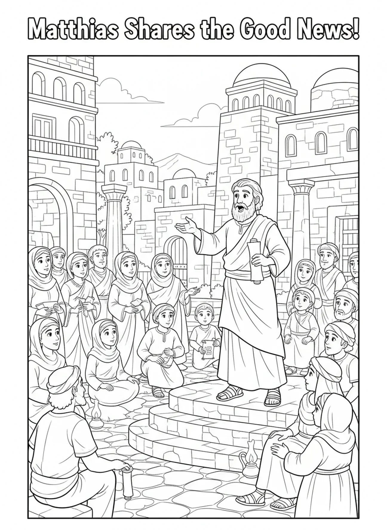 Matthias predigt zu einer Menge, Ausmalbild von Matthias dem Apostel für Kinder im Religionsunterricht im Alter von 5-12 Jahren.