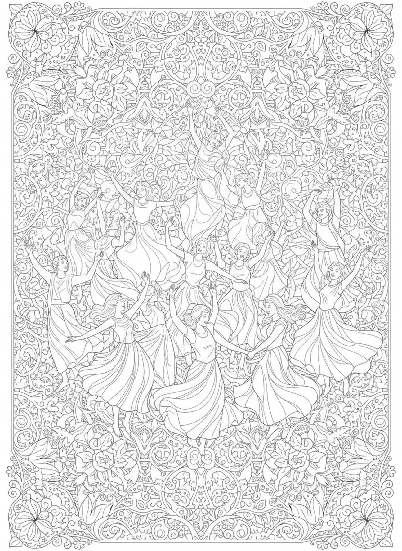 Invités dansant en célébration, page à colorier Miracle de l'Eau en Vin pour adultes dans un style de journal biblique.