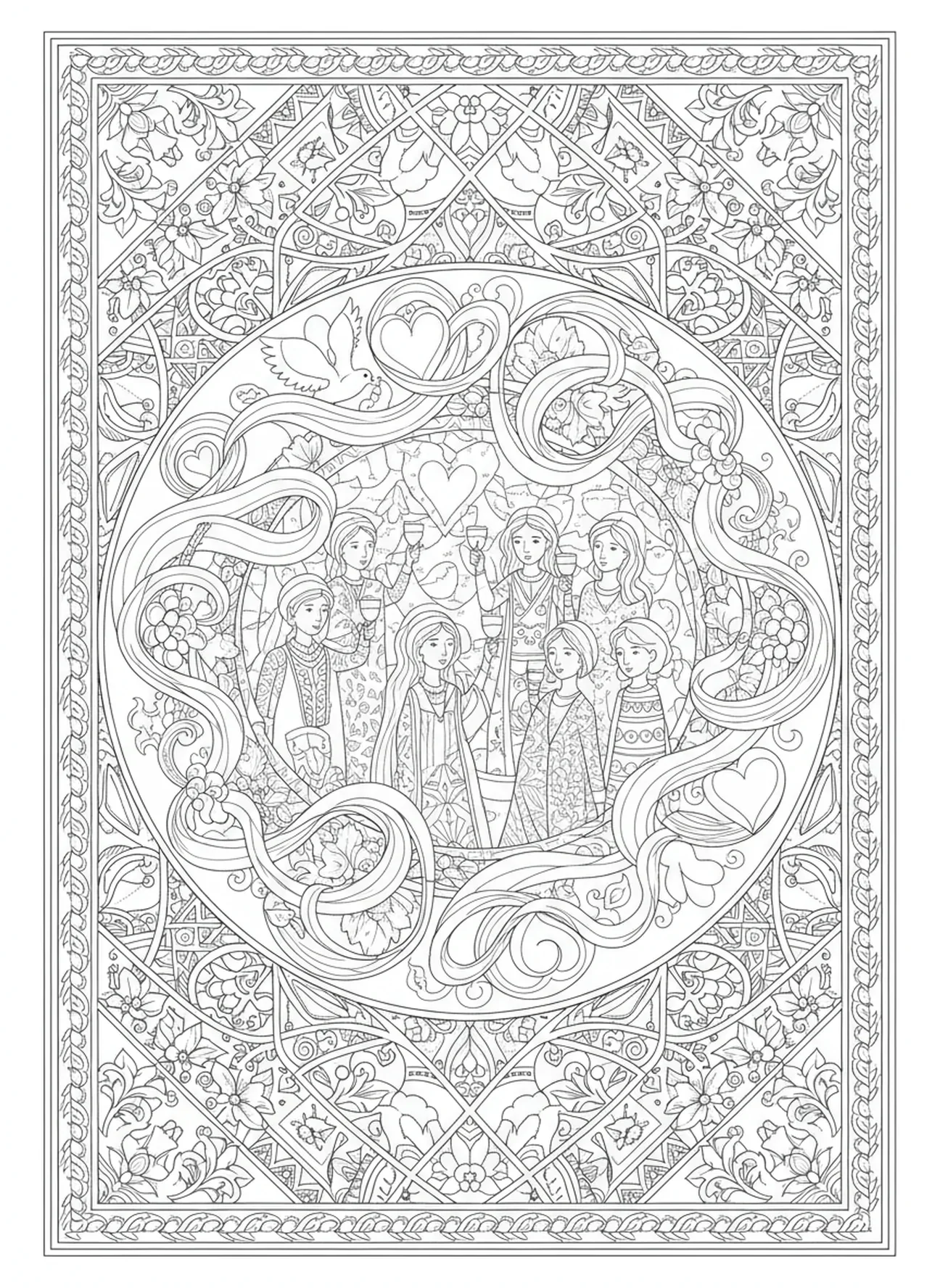 Invités faisant un dernier toast, page à colorier Miracle de l'Eau en Vin pour le journaling biblique adulte.