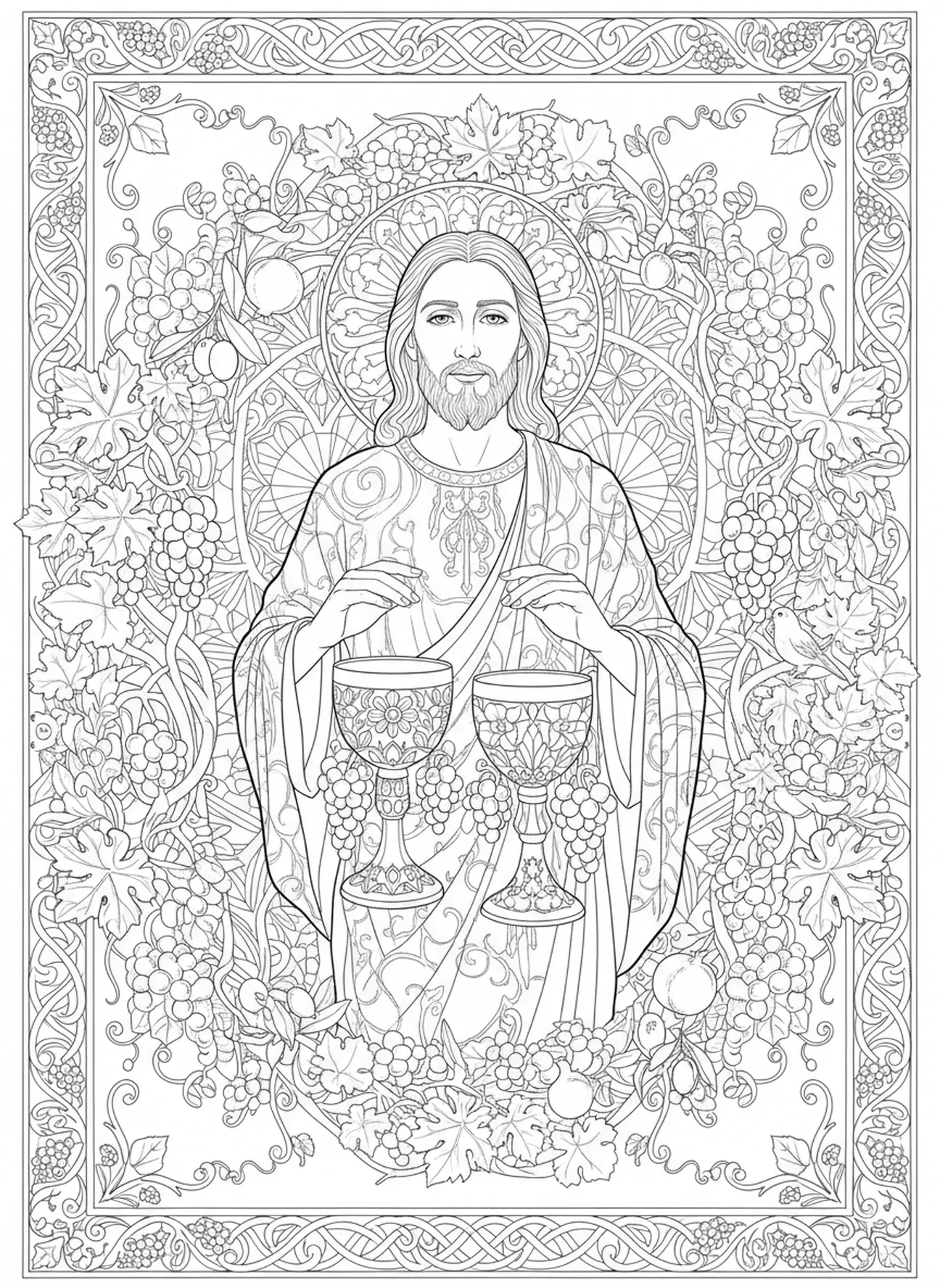 Jésus bénissant le vin lors de la célébration, page à colorier Miracle de l'Eau en Vin pour le style de journal biblique pour adultes.