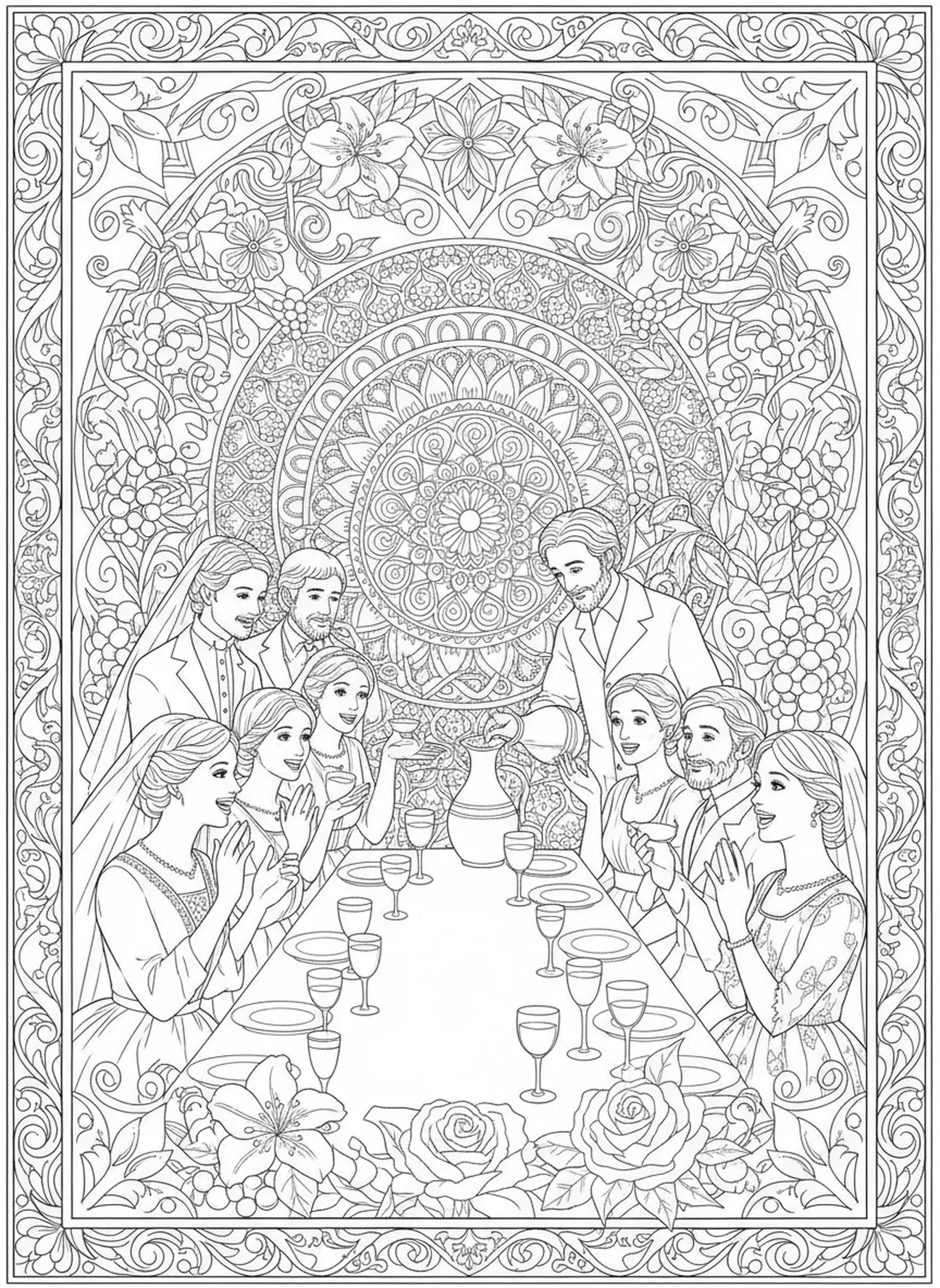 Invités émerveillés par le miracle du vin, page à colorier Miracle de l'Eau en Vin pour adultes dans un style de journal biblique.