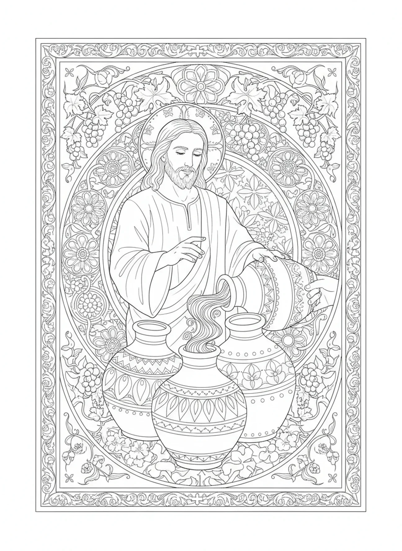 Gros plan de Jésus transformant l'eau en vin, page à colorier Miracle de l'Eau en Vin pour adultes dans un style de journal biblique.