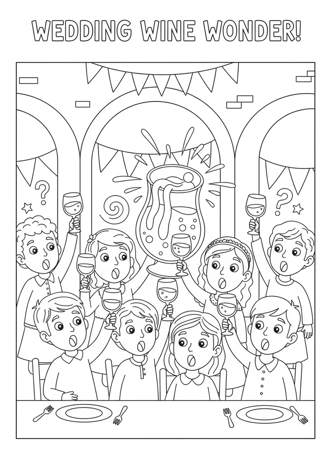 Invitados asombrados por el vino, página para colorear del milagro Agua en Vino para niños de 5 a 10 años