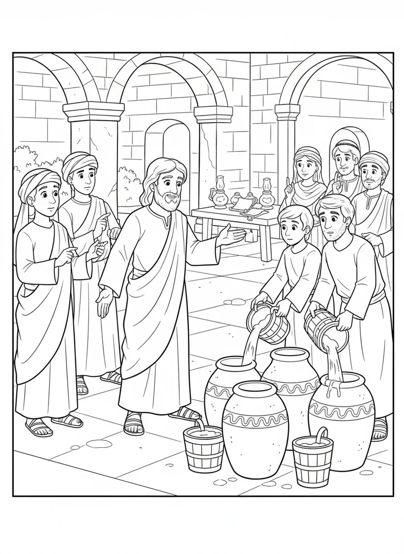 Jesús instruyendo a los sirvientes, página para colorear del milagro Agua en Vino para niños de la Escuela Dominical de 5 a 12 años.