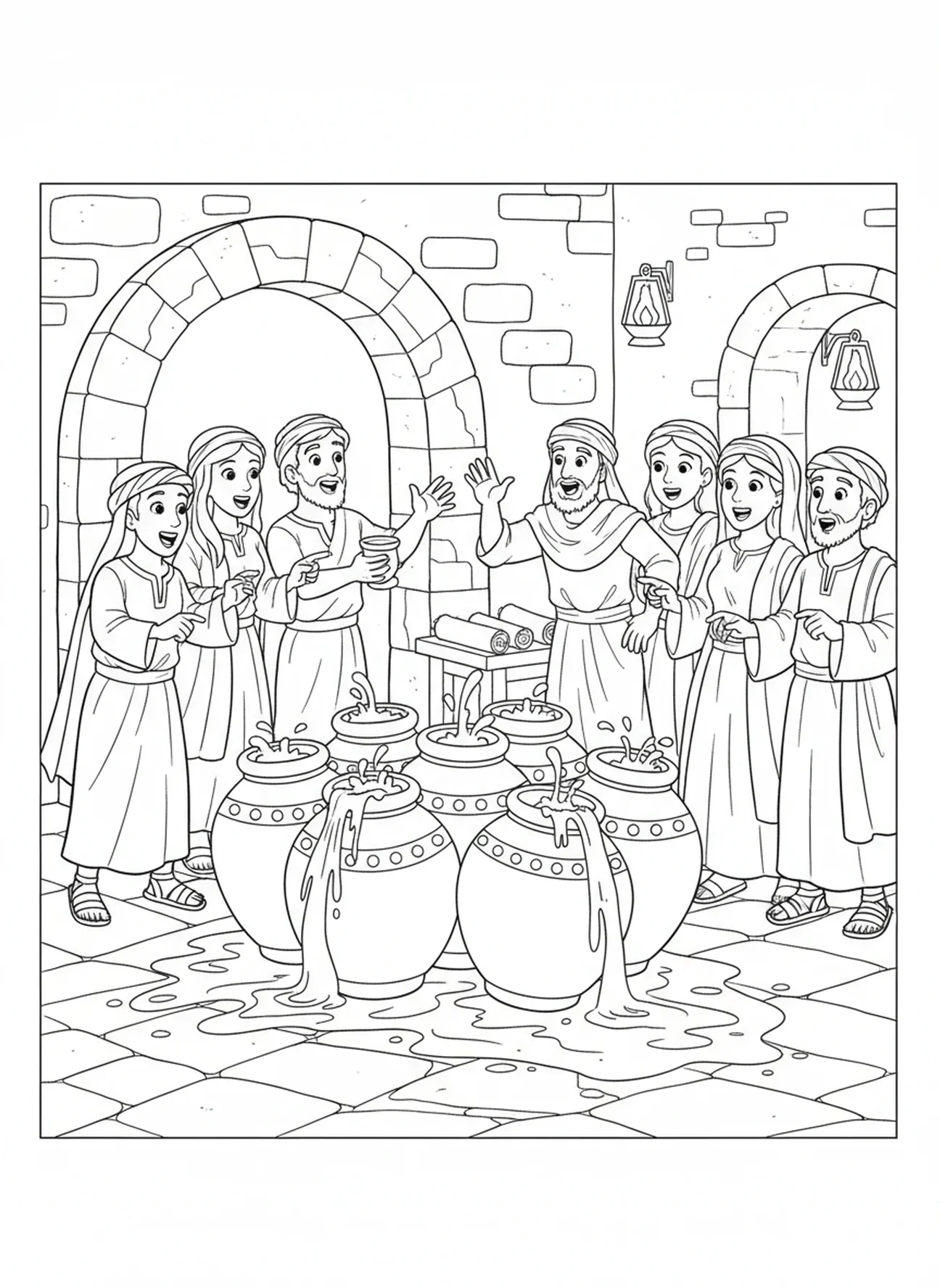 Jarras de vino desbordantes, página para colorear del Milagro del Agua en Vino para niños de Escuela Dominical de 5 a 12 años.
