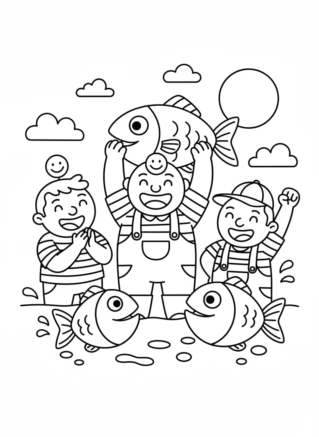 Pescador celebrando con peces, página para colorear de la Captura Milagrosa para niños en edad preescolar de 3 a 5 años