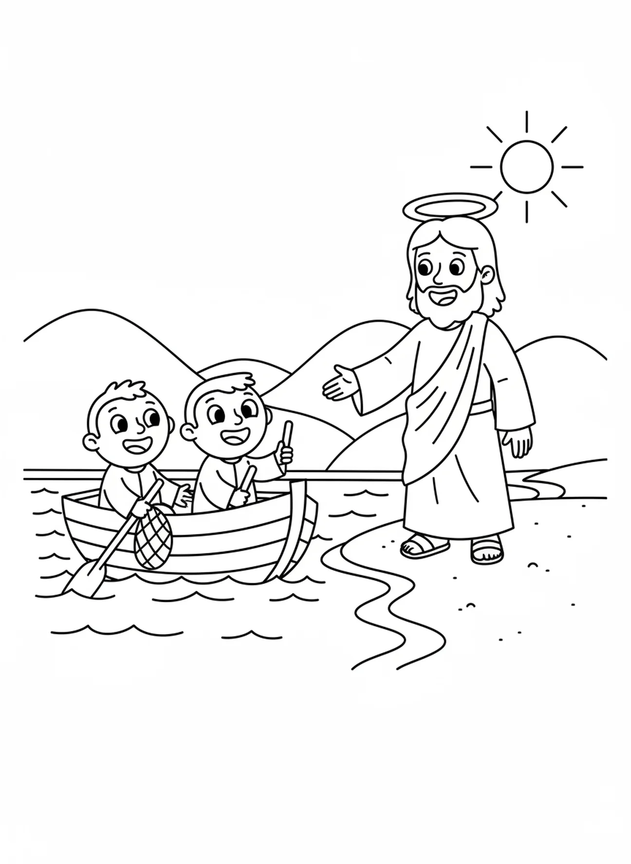 Página para colorear de Jesús sonriente, la pesca milagrosa para niños en edad preescolar de 3 a 5 años