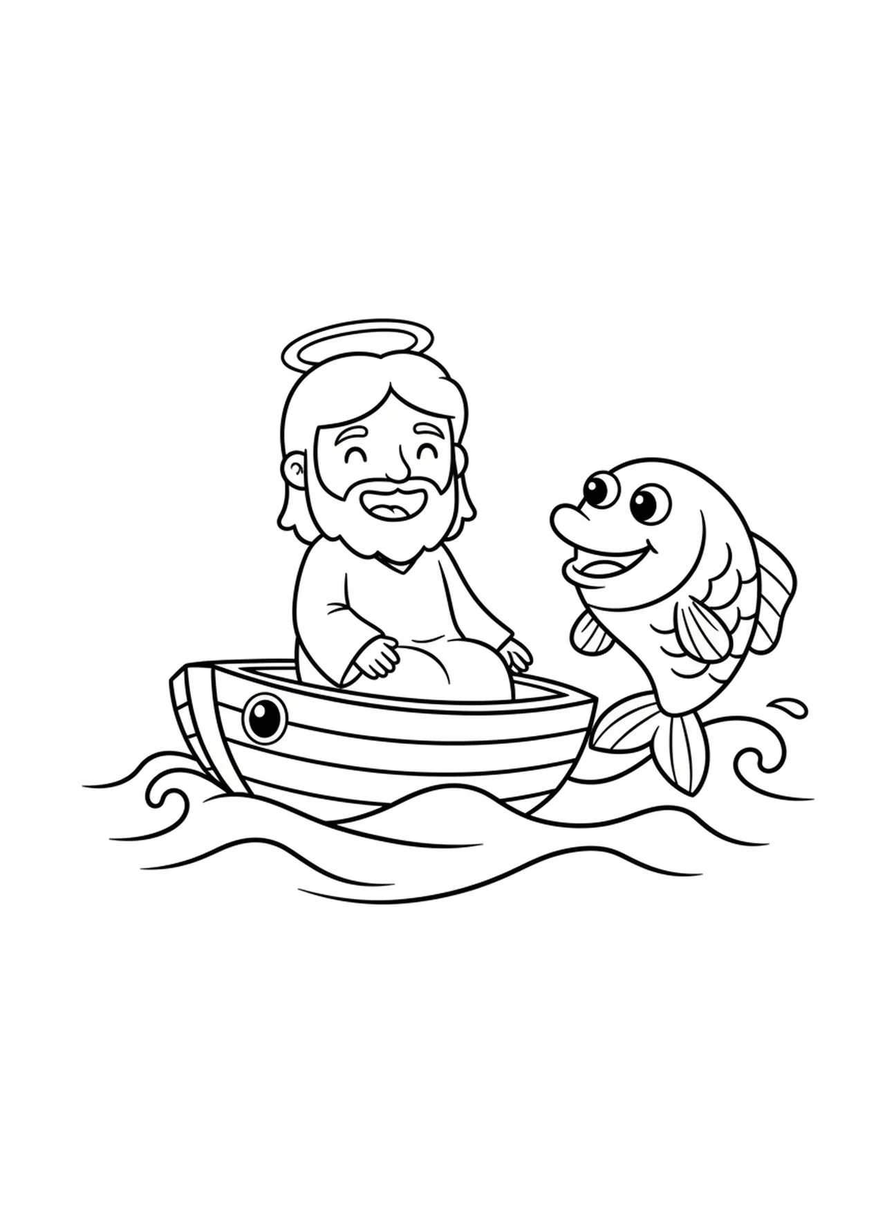 Jesús sentado en la barca, página para colorear del Milagroso Pescado para niños en edad preescolar de 3 a 5 años