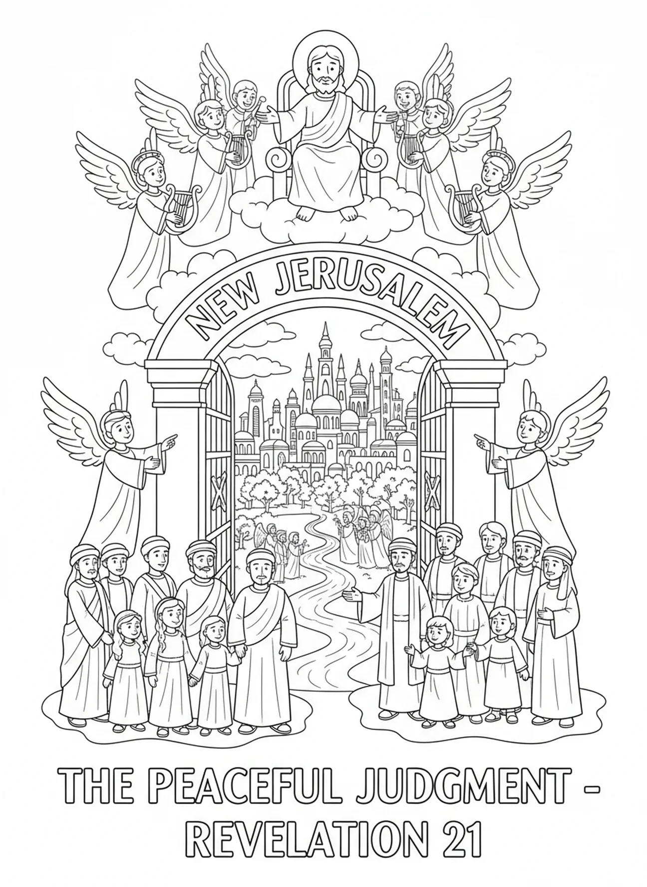 Szene des letzten Gerichts, Ausmalbild von New Jerusalem für Kinder in der Sonntagsschule im Alter von 5-12 Jahren.
