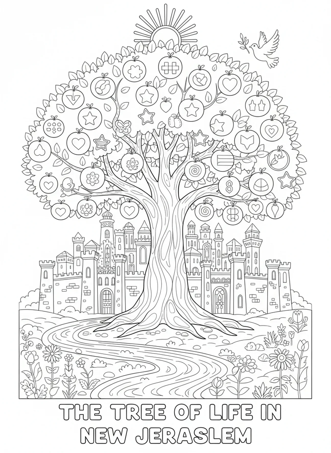 Majestätischer Baum des Lebens, Ausmalbild für die Sonntagsschule für Kinder im Alter von 5-12 Jahren.