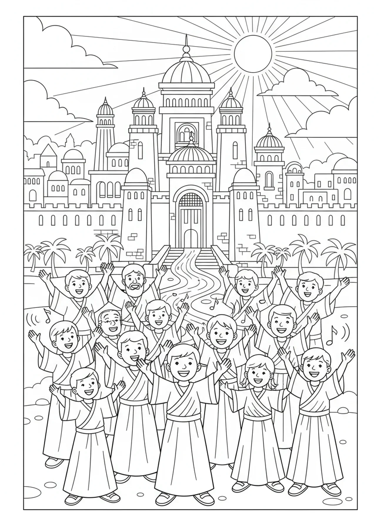 Anbeter in Gewändern, Ausmalbild von New Jerusalem für Kinder in der Sonntagsschule im Alter von 5-12 Jahren.