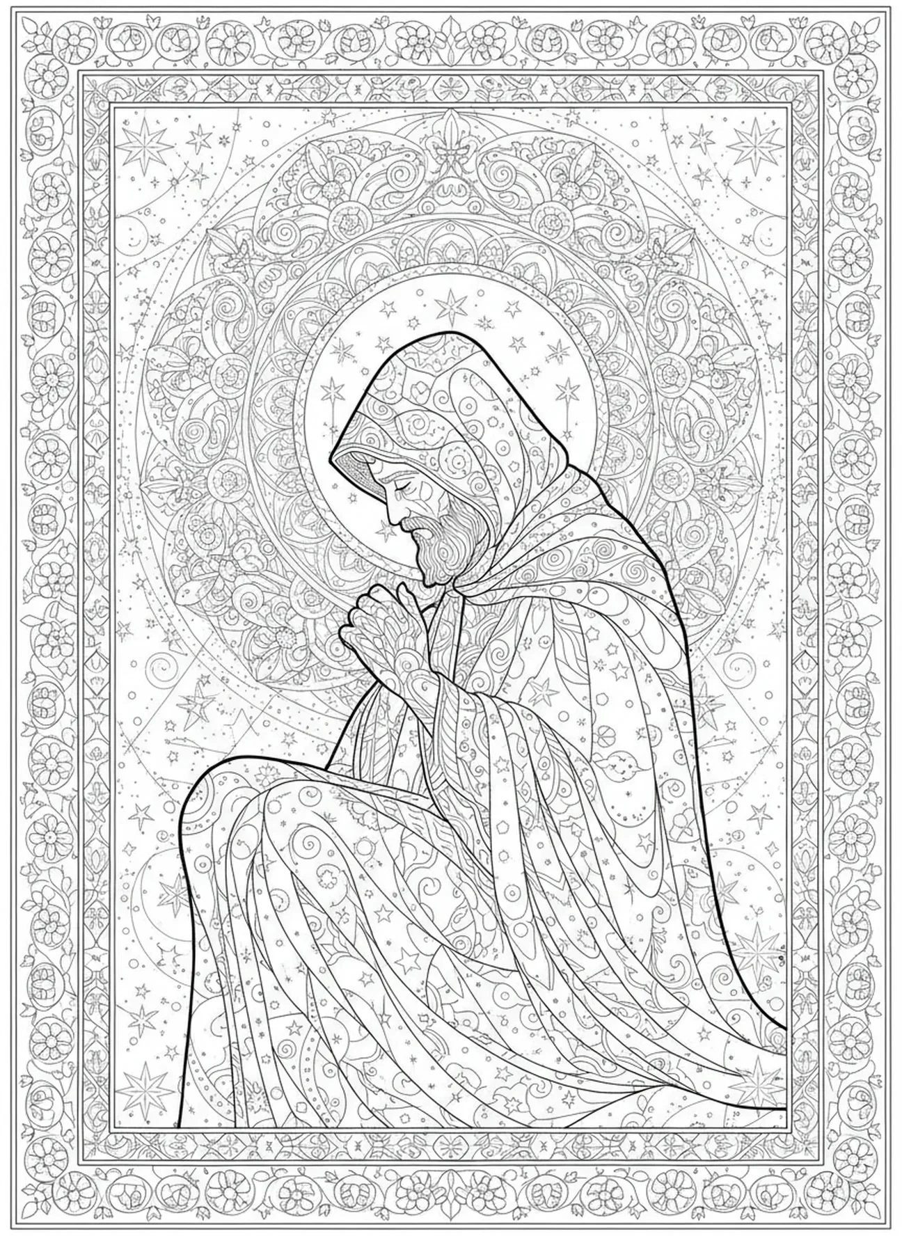 Nicodème contemplatif dans l'ombre, page à colorier pour adultes dans le style de la Bible journaling