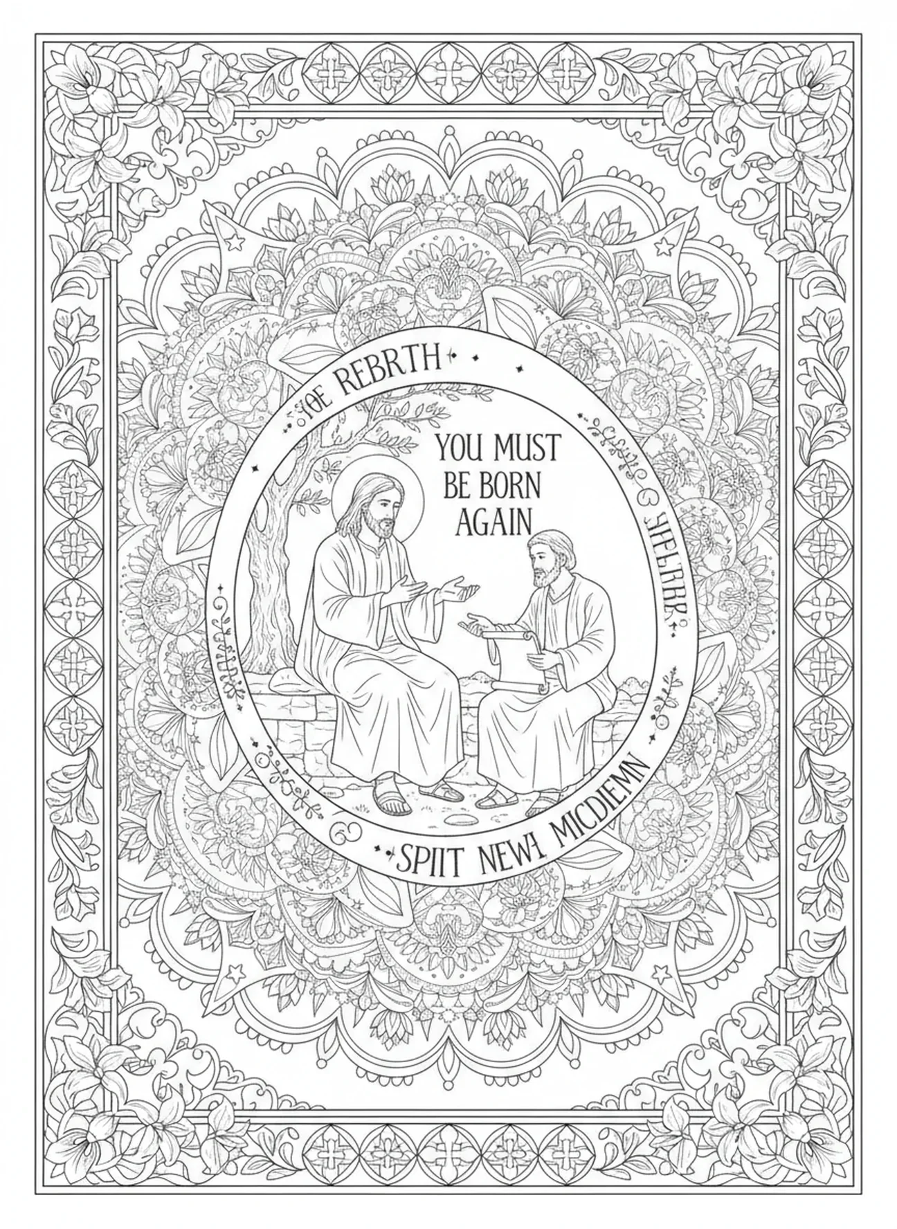 Jésus enseignant sur la renaissance, page à colorier pour adultes dans le style du journal biblique