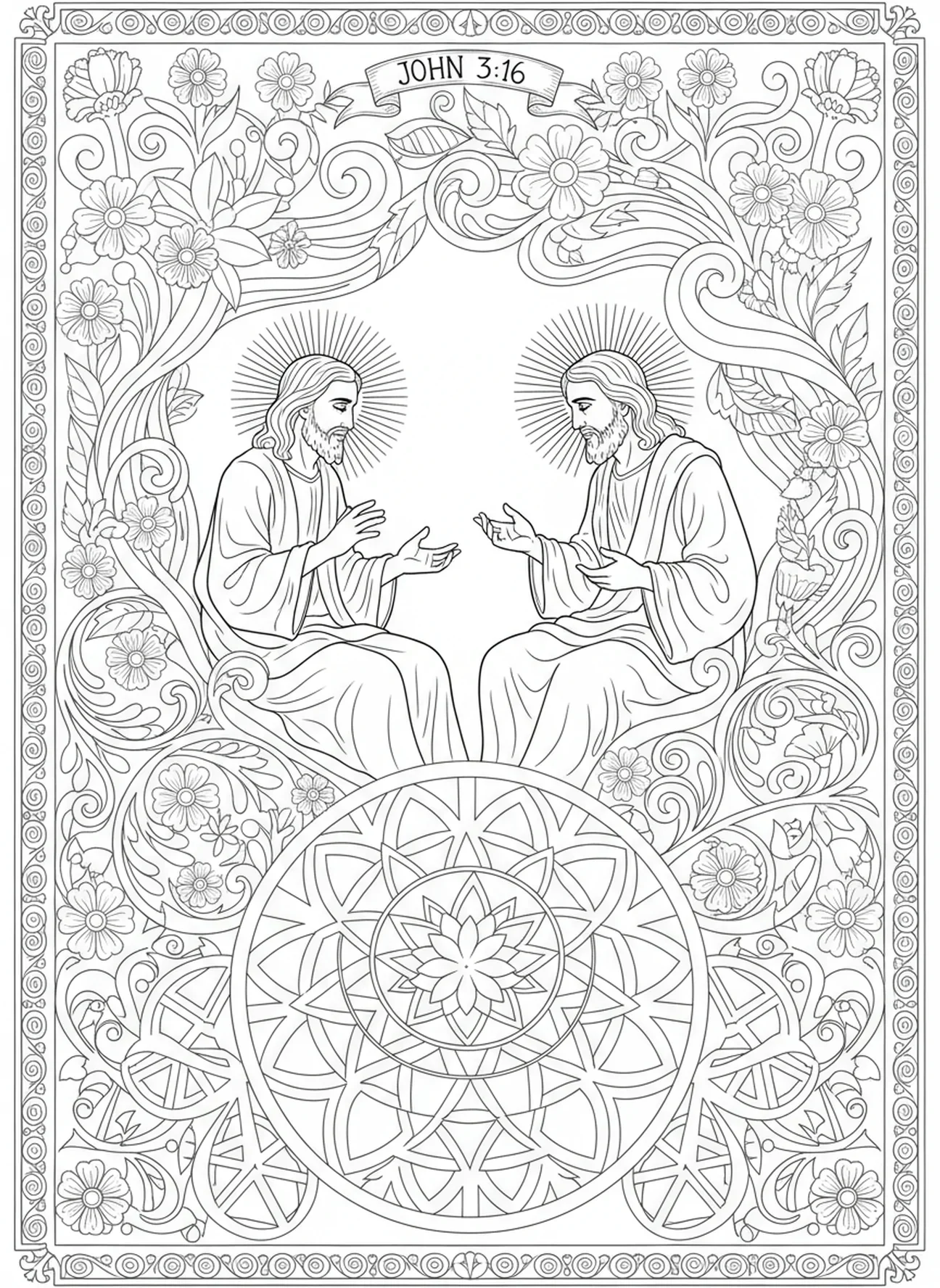 Dialogue entre Nicodème et Jésus, page à colorier de Nicodème pour le style de journal biblique pour adultes