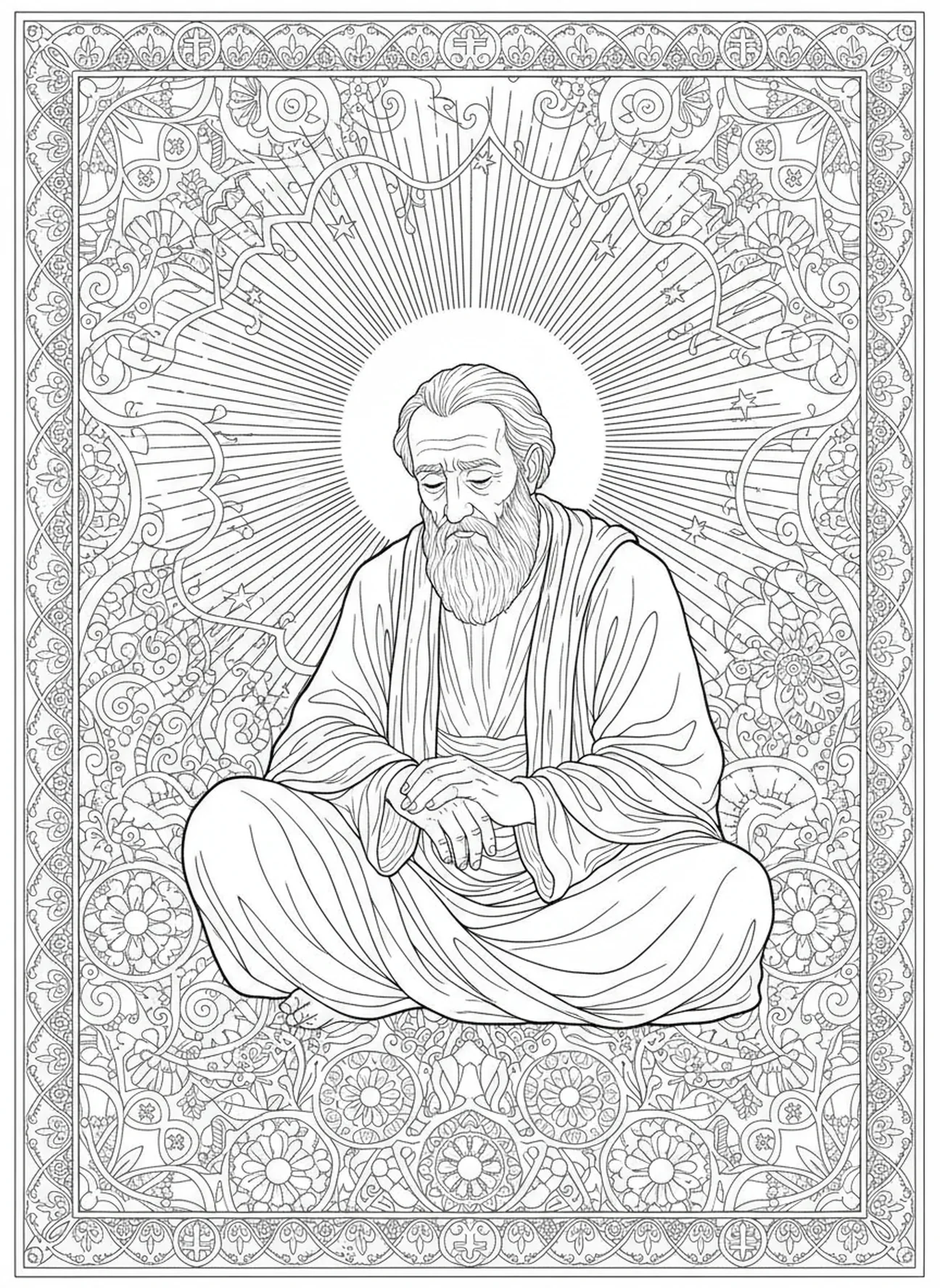 Nicodème réfléchissant aux enseignements, page à colorier de Nicodème pour adultes dans un style de journal biblique