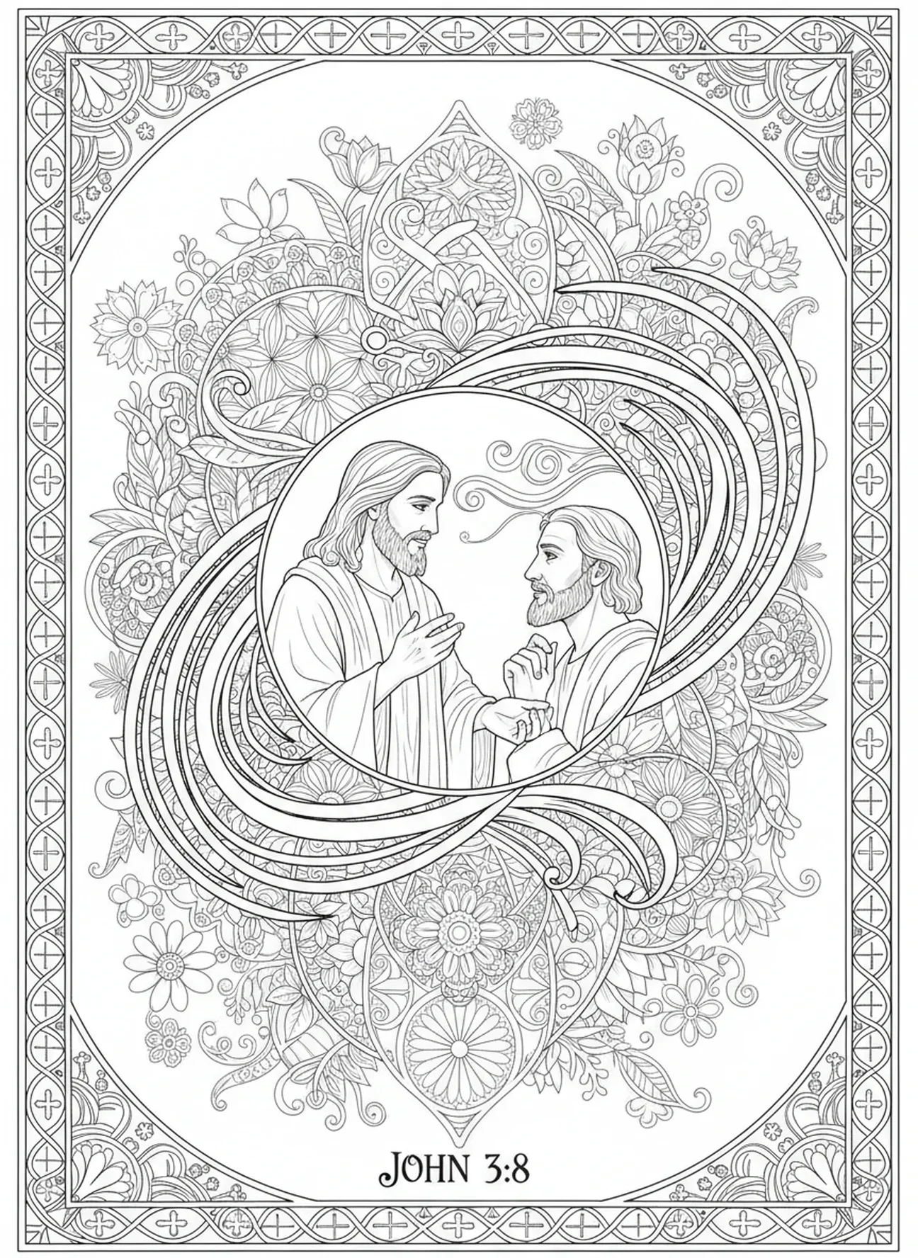 Jésus parlant du vent et de l'Esprit, page à colorier pour adultes dans un style de journal biblique