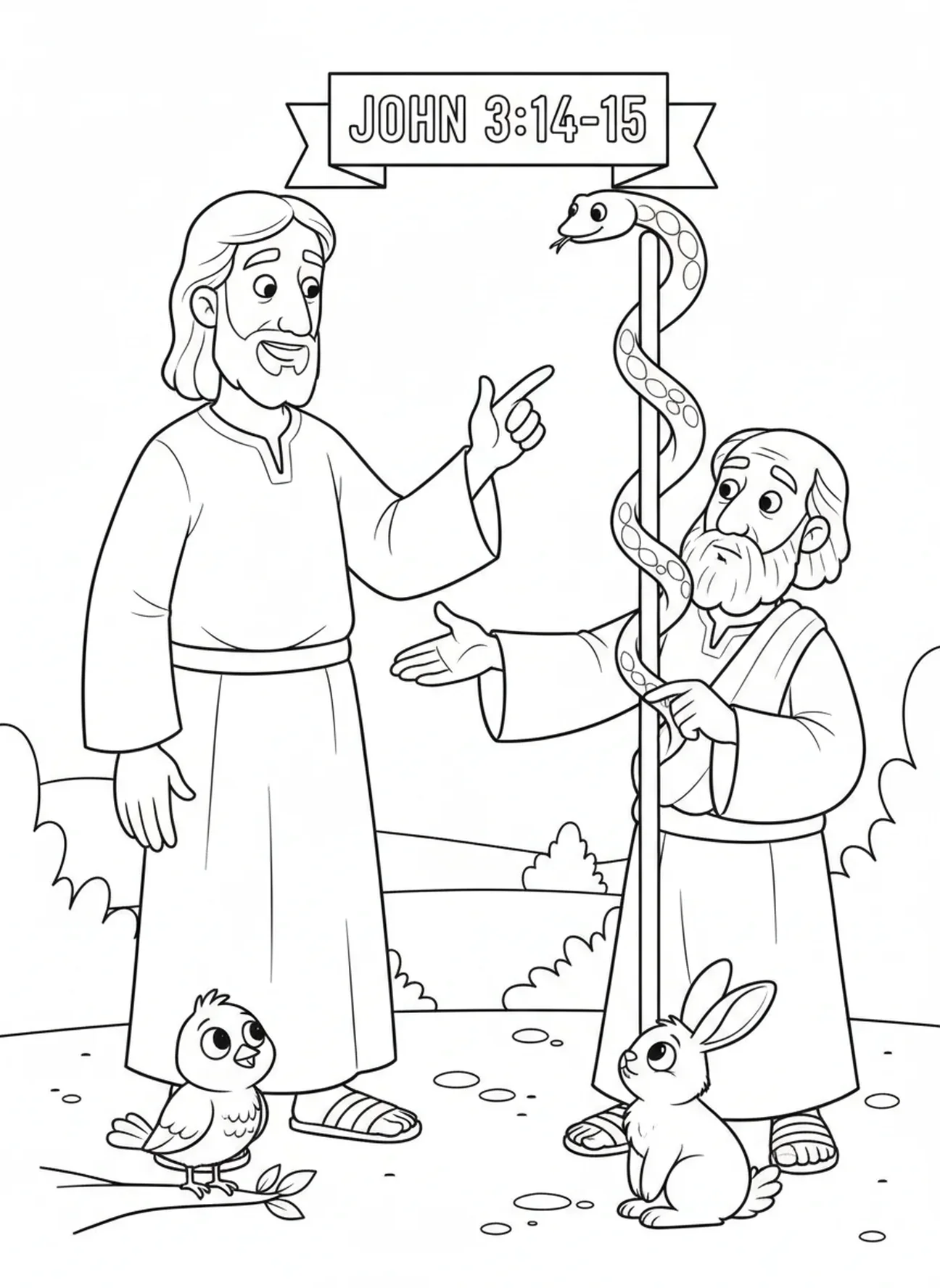Jesus, der auf die Schlange verweist, Ausmalbild für Kinder im Alter von 5-10 Jahren