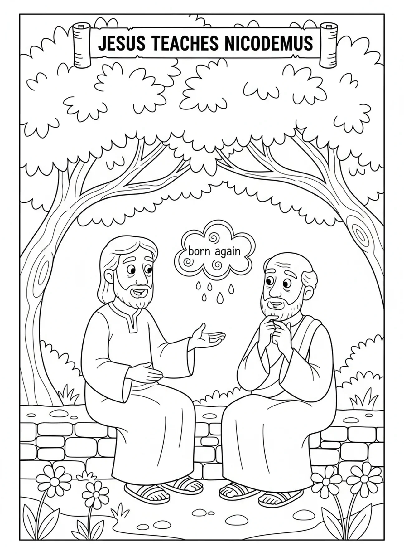 Jesus lehrt Nikodemus unter einem Baum, Malvorlage für Kinder im Alter von 5-10 Jahren