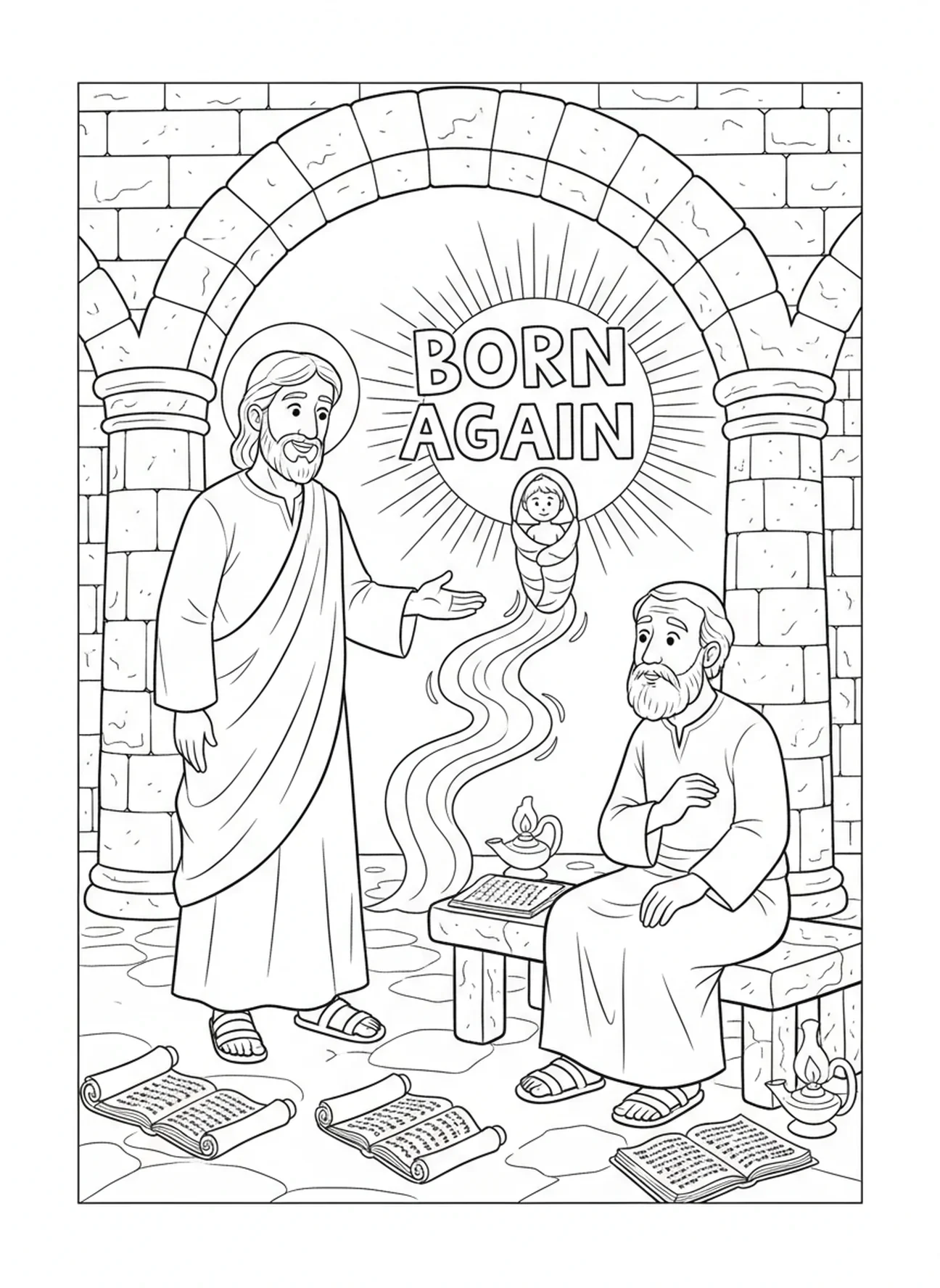 Jésus expliquant la nouvelle naissance à Nicodème, page à colorier de Nicodème pour les enfants de l'École du dimanche âgés de 5 à 12 ans