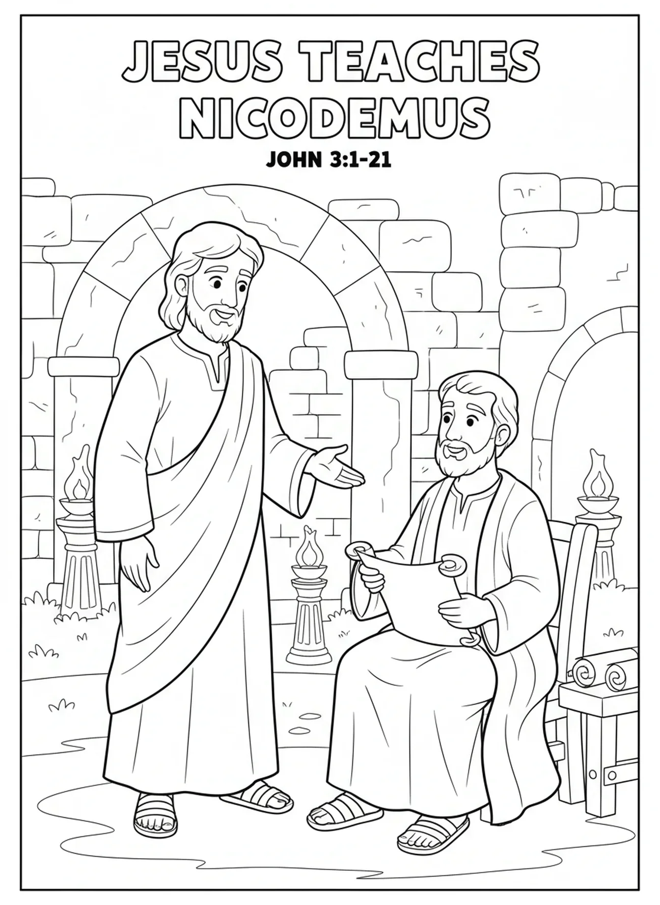 Jésus expliquant le fait de naître de nouveau à Nicodème, page à colorier de Nicodème pour les enfants de l'École du dimanche âgés de 5 à 12 ans