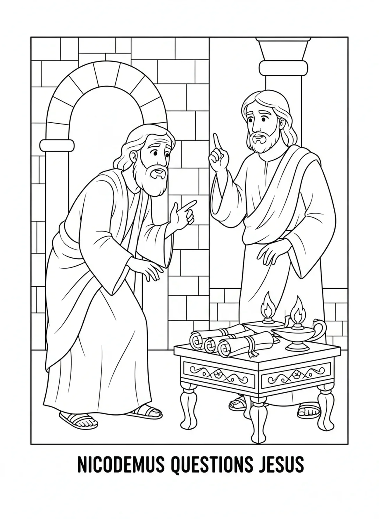 Nicodème interrogeant Jésus sous les étoiles, page à colorier de Nicodème pour les enfants de l'École du dimanche âgés de 5 à 12 ans