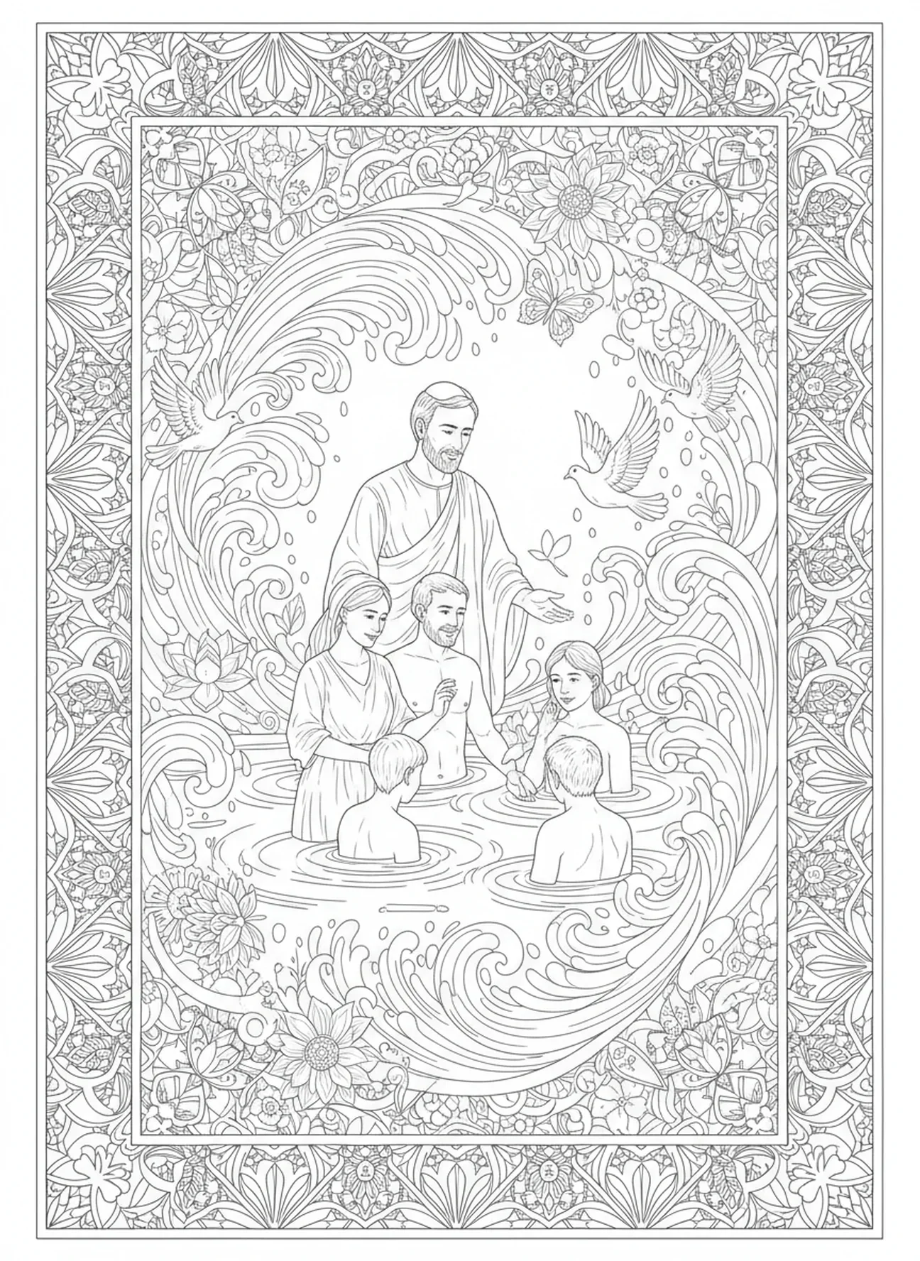 Bautismo del carcelero y su familia, página para colorear de Pablo y Silas en estilo de journaling bíblico para adultos.