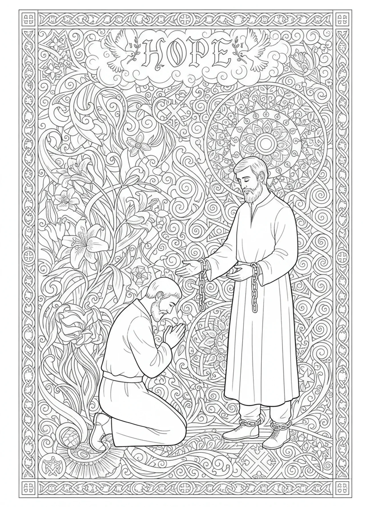 Carcelero arrodillado ante Pablo y Silas, página para colorear de Pablo y Silas para adultos en estilo de journaling bíblico.