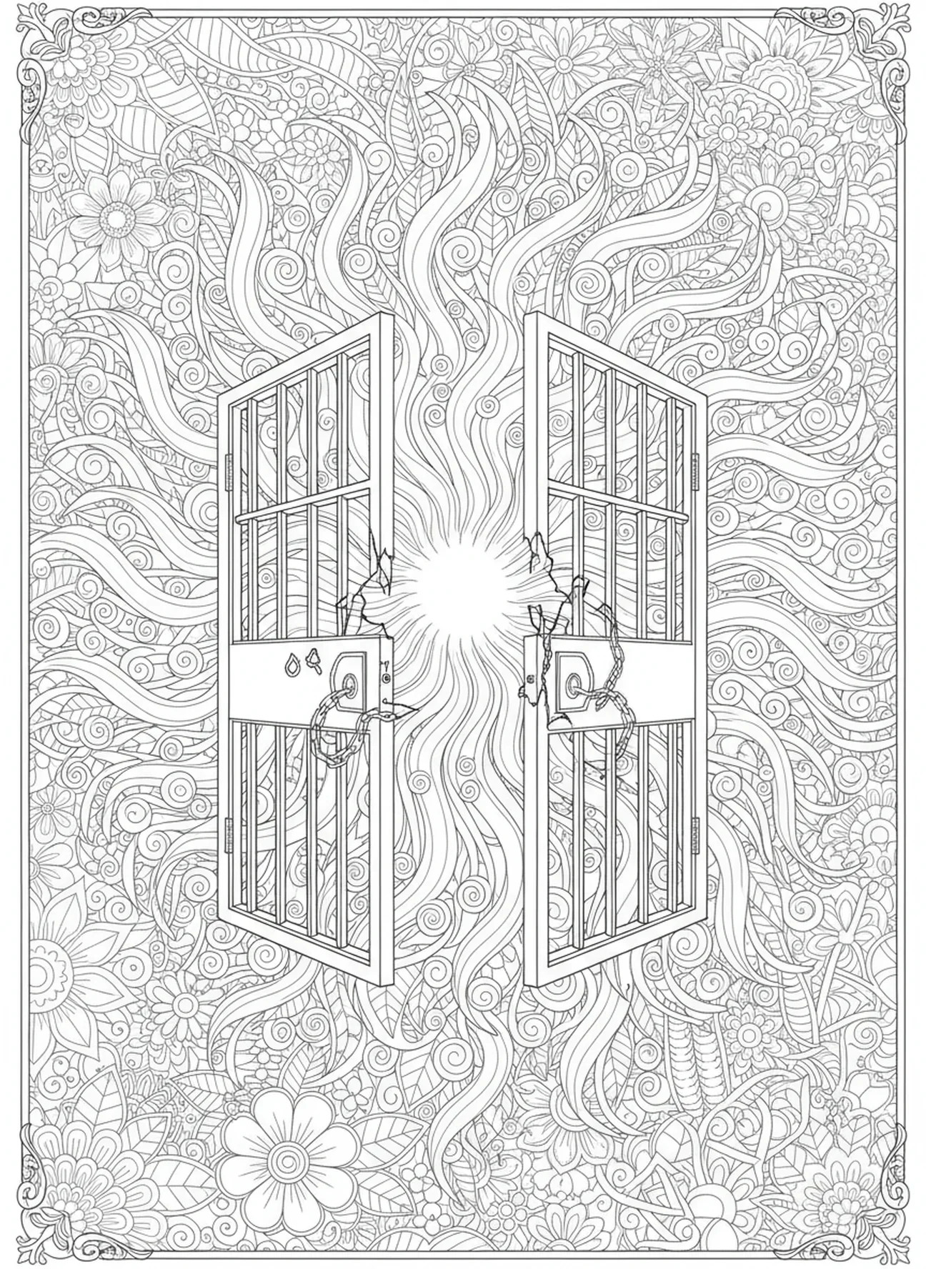Puertas de la cárcel abriéndose, página para colorear de Pablo y Silas en estilo de journaling bíblico para adultos.