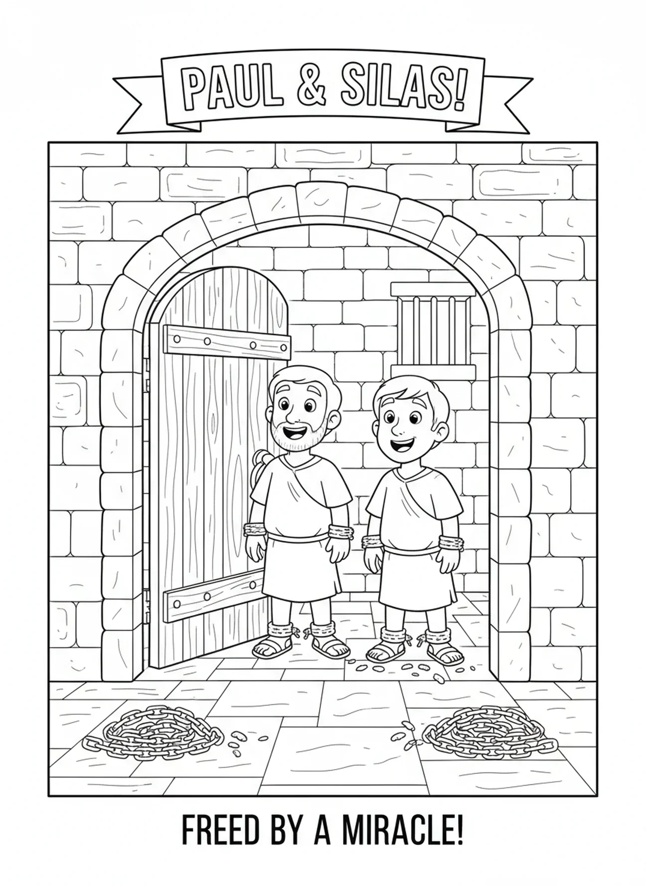 Portas da prisão abertas, página para colorir de Paulo e Silas para crianças de 5 a 10 anos