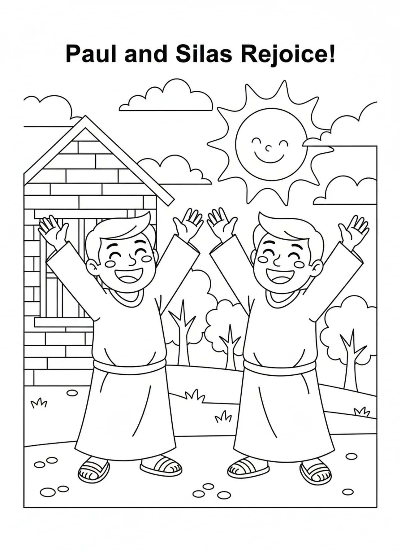 Paulo e Silas se alegrando, página para colorir Paulo e Silas na prisão para crianças de 5 a 10 anos