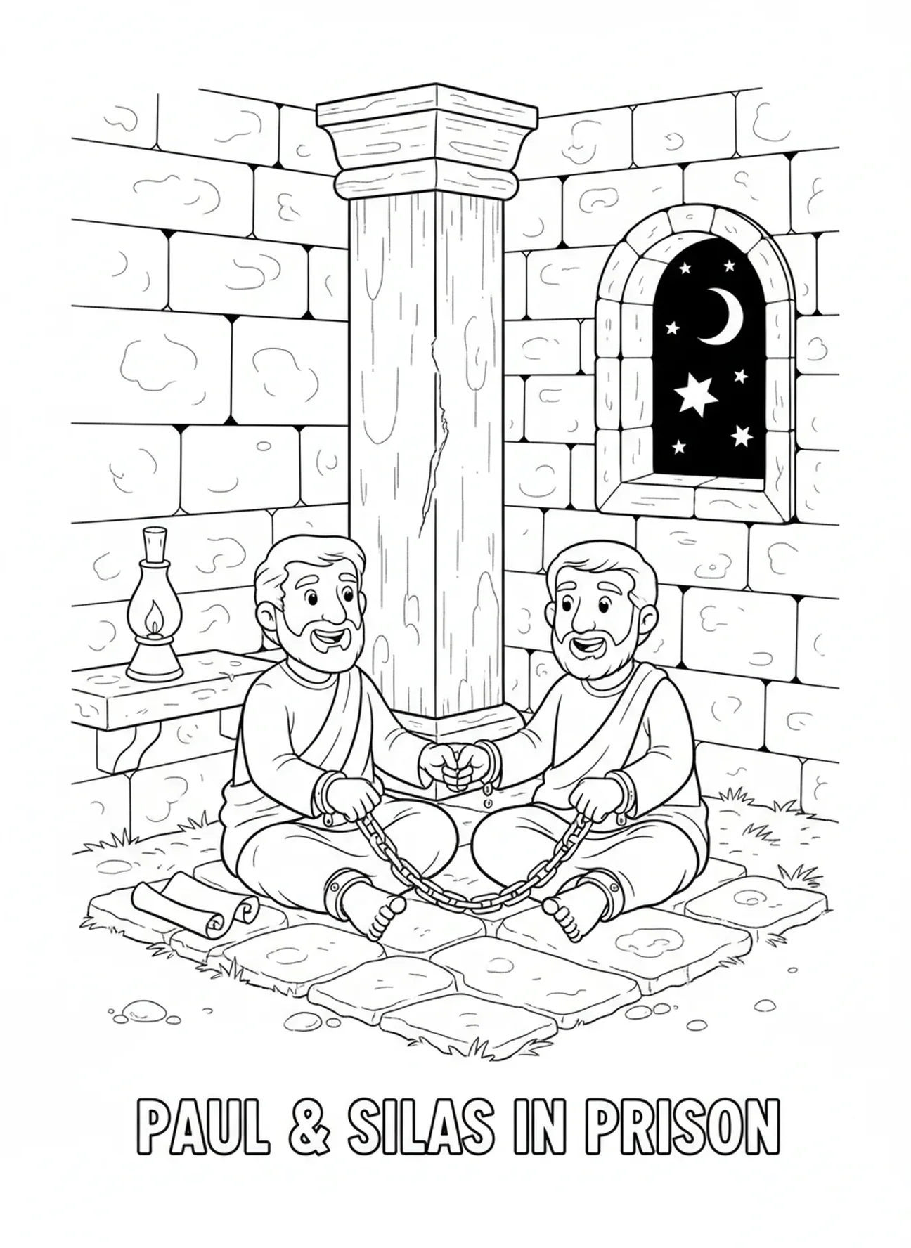 Dois amigos acorrentados, página de colorir de Paulo e Silas na prisão para crianças da Escola Dominical de 5 a 12 anos.