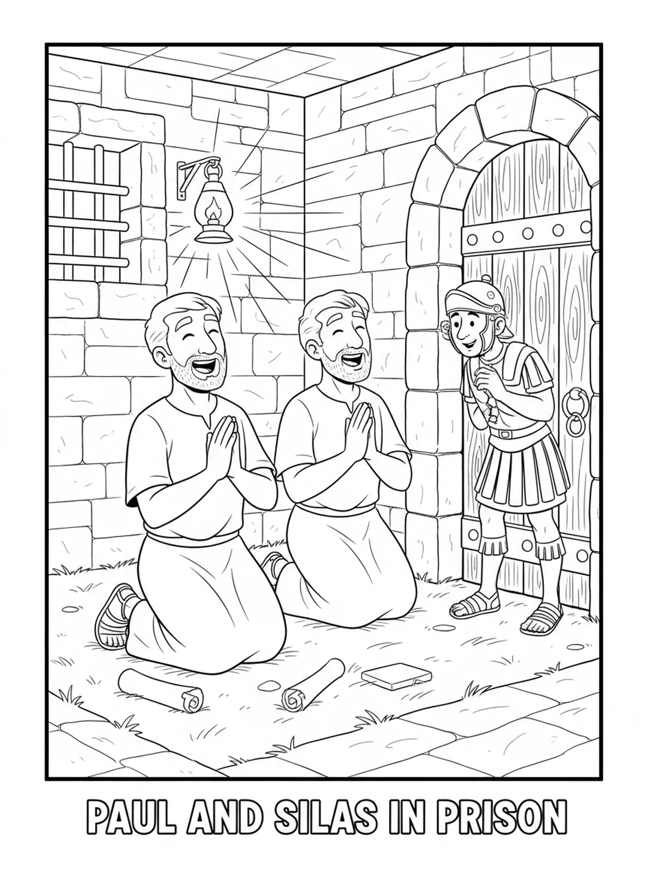 Dois personagens cantando alegremente, página para colorir de Paulo e Silas na prisão para crianças da Escola Dominical de 5 a 12 anos.
