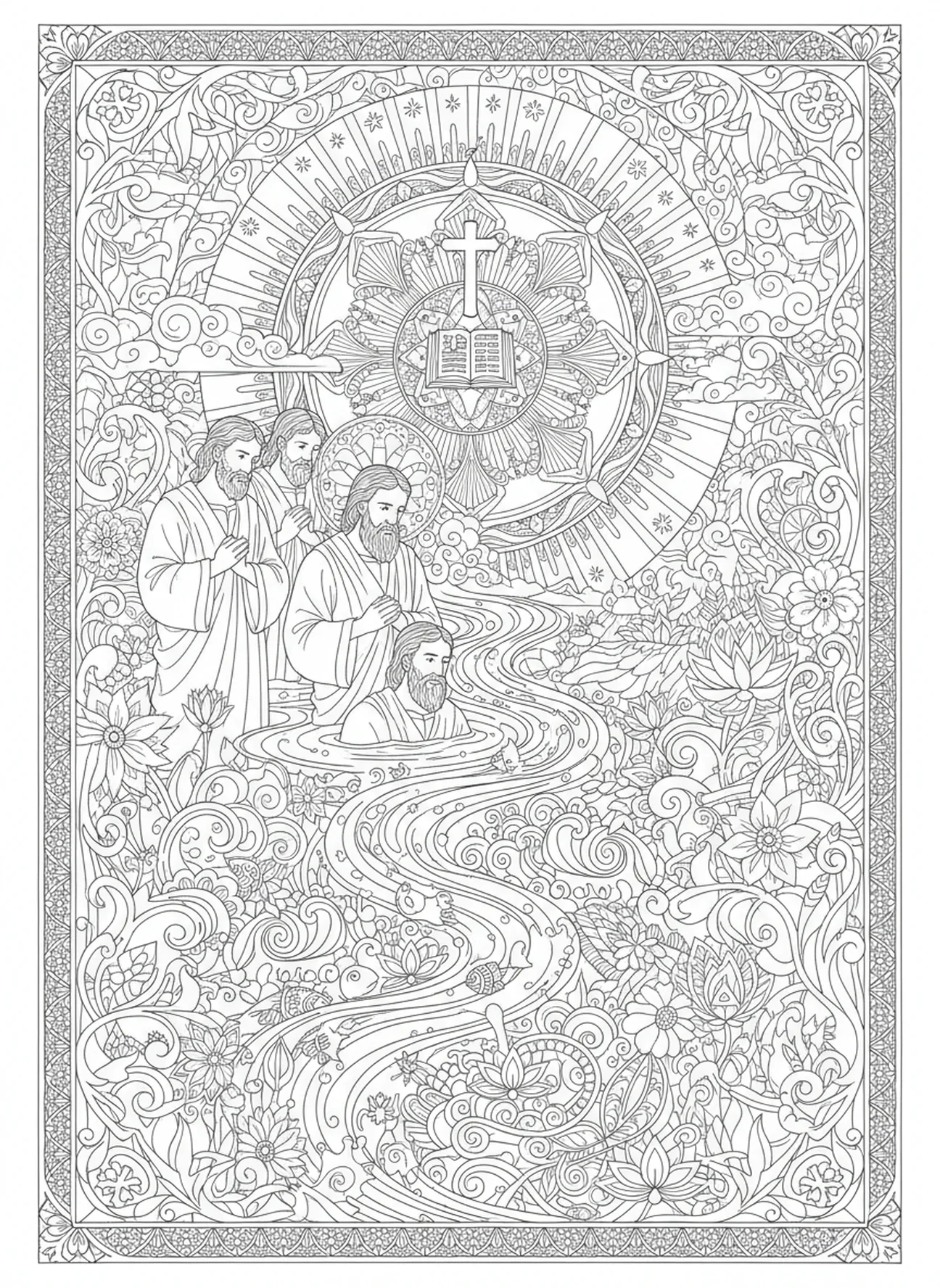 Paul baptisant des croyants au bord de la rivière, page à colorier sur Paul à Athènes pour le journal biblique pour adultes