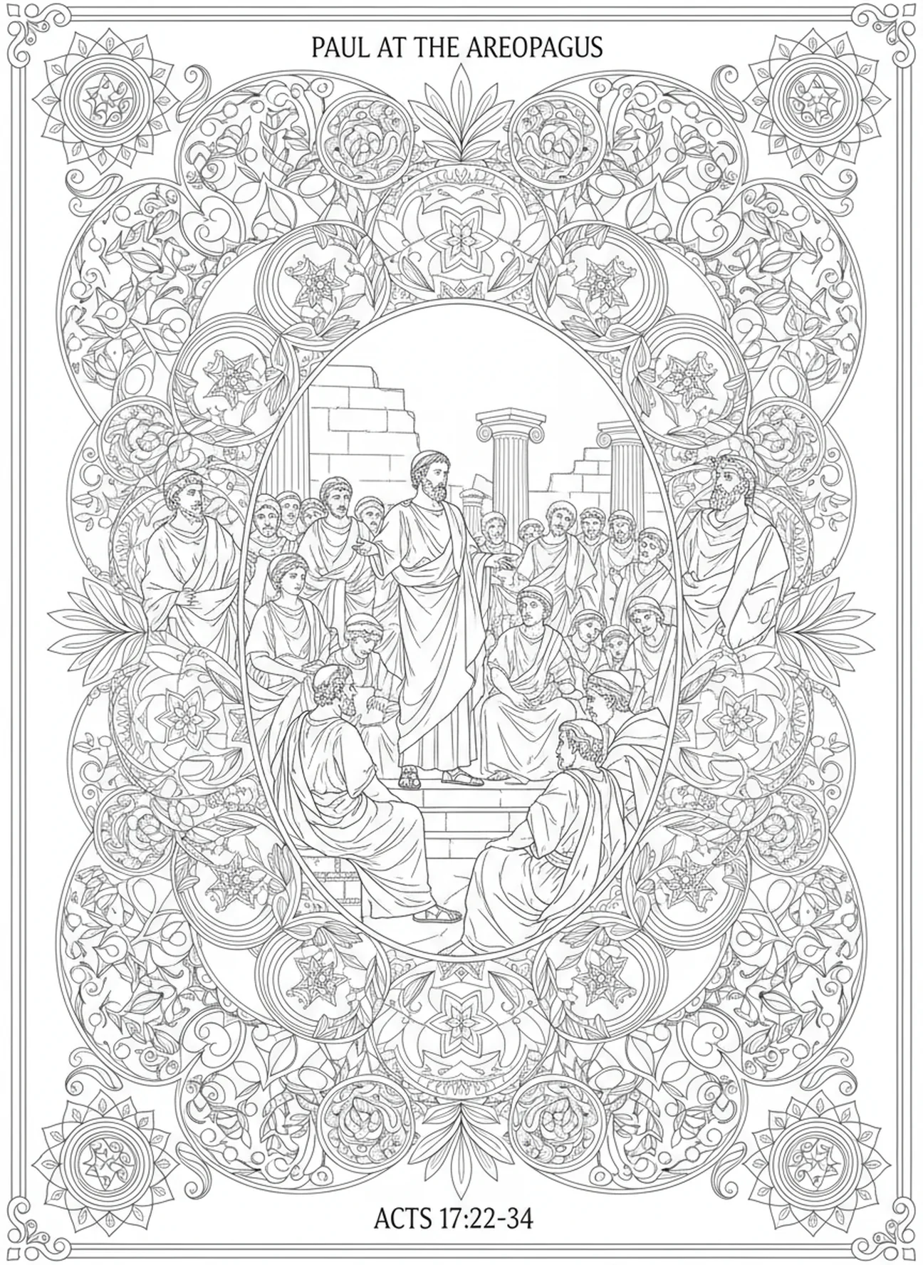 Paul convertissant des Athéniens, page à colorier sur Paul à Athènes pour le style de journal biblique pour adultes