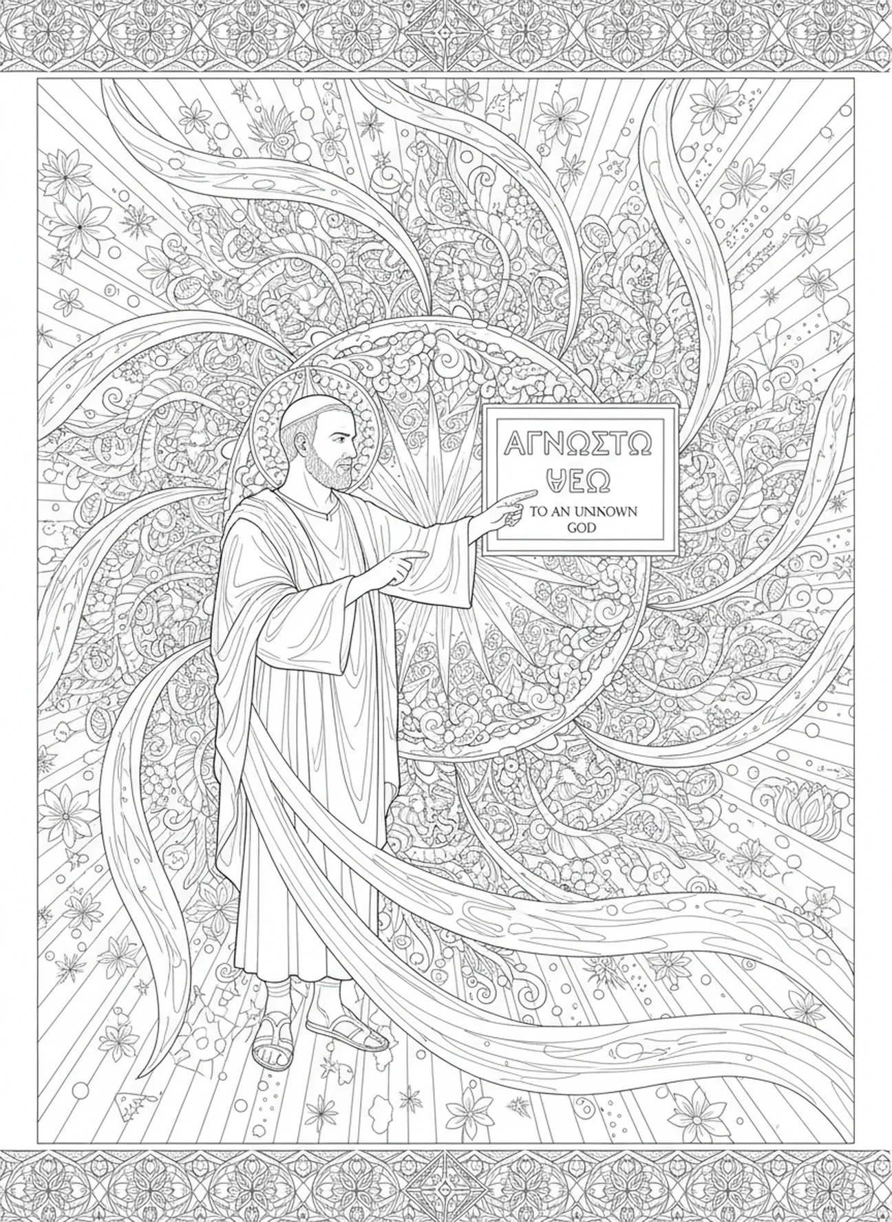 Paul montrant l'autel du Dieu inconnu, page à colorier de Paul à Athènes pour le style de journal biblique pour adultes