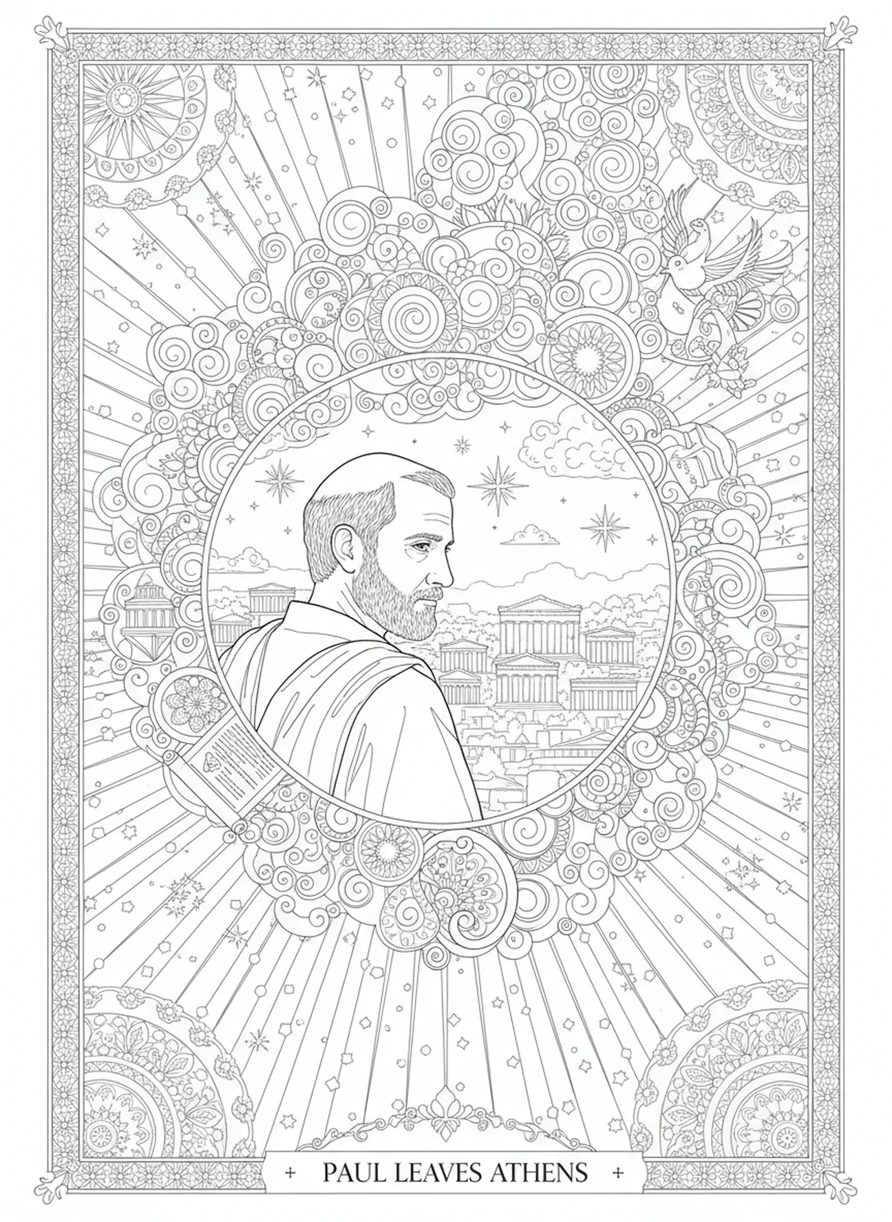 Paul quittant Athènes, page à colorier Paul Athènes pour adultes style journal biblique