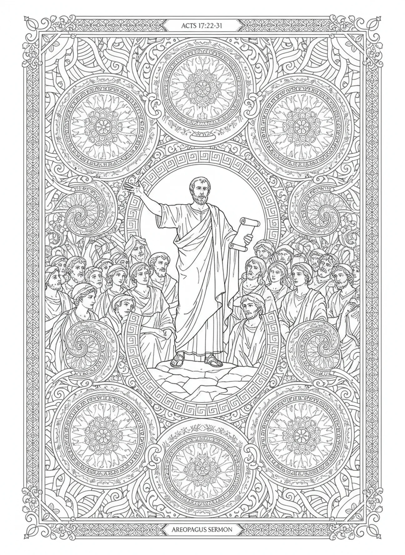 Paul s'adressant à la foule à l'Aréopage, page à colorier sur Paul à Athènes pour le journaling biblique pour adultes